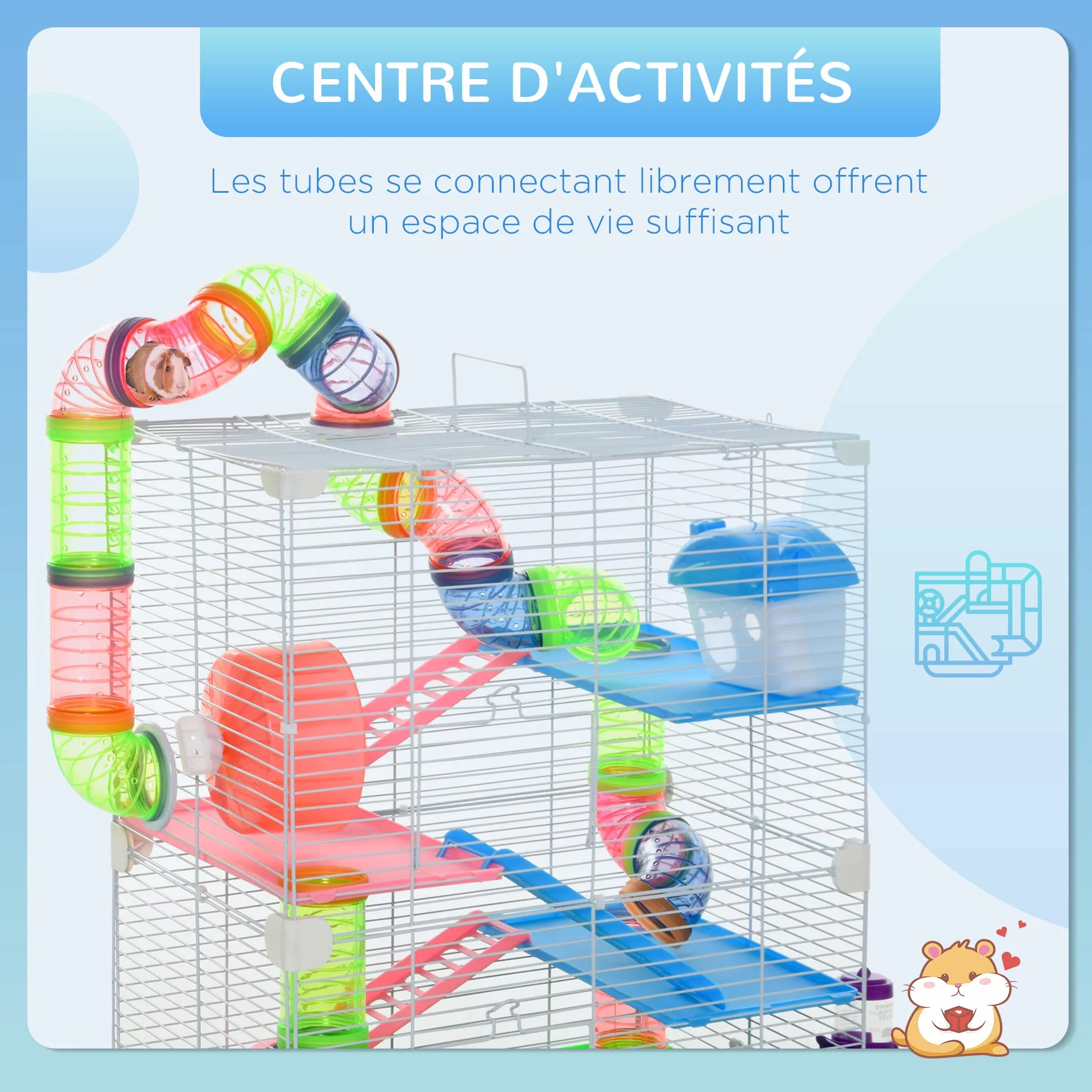 PawHut Cage pour Hamster Rongeur 4 étages avec Tunnels Mangeoire Roue Maison 46L x 30l x 58H cm Vert