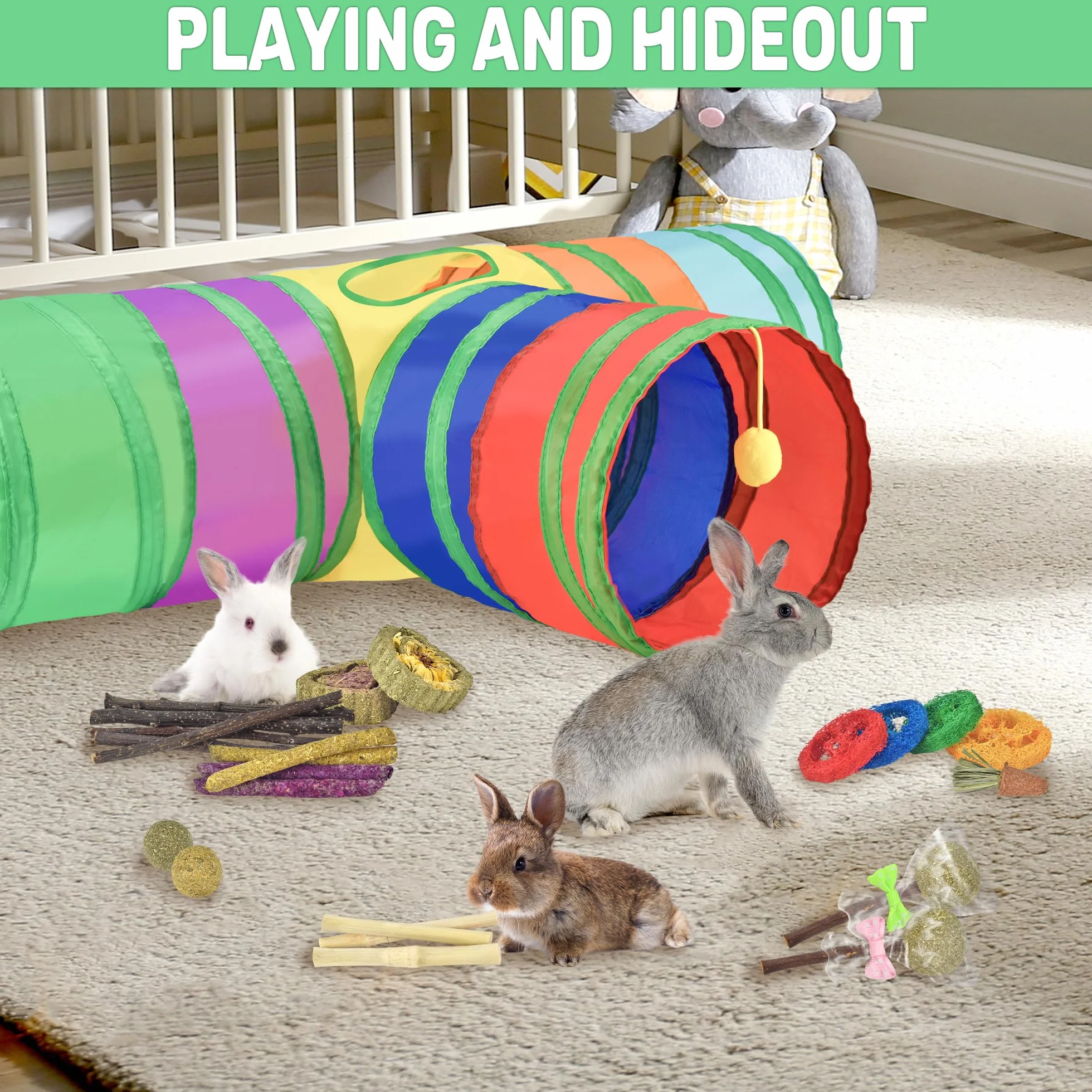 Jouets naturels pour Lapin 26-en-1 avec Tunnel Pliable, Jouets à mâcher et Cachettes pour Petits Animaux