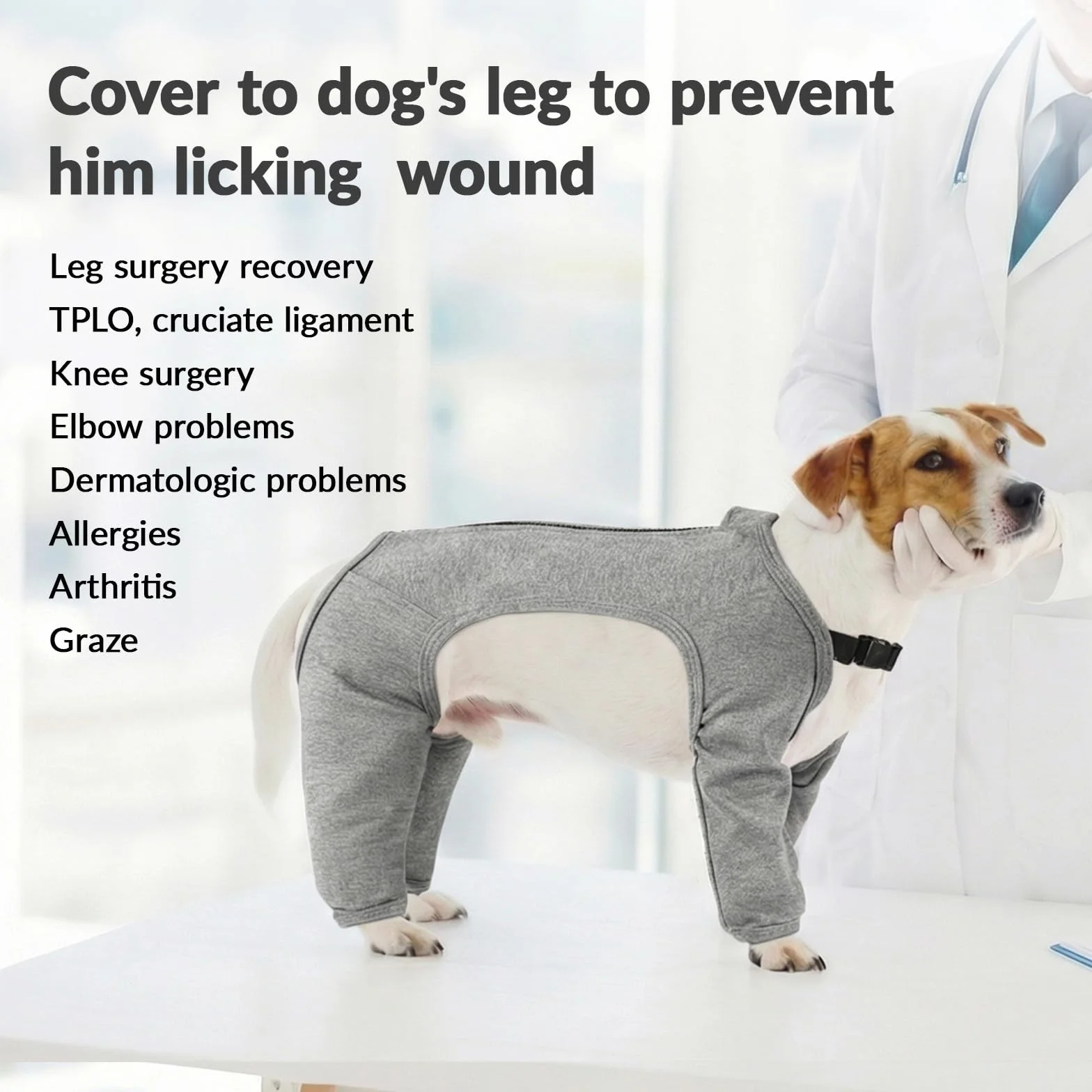 Body Post Opératoire Chien Manchon Patte Avant Vêtement Chirurgie Doux Anti Léchage Récupération Pattes Arrière TPLO LCA Gris XL
