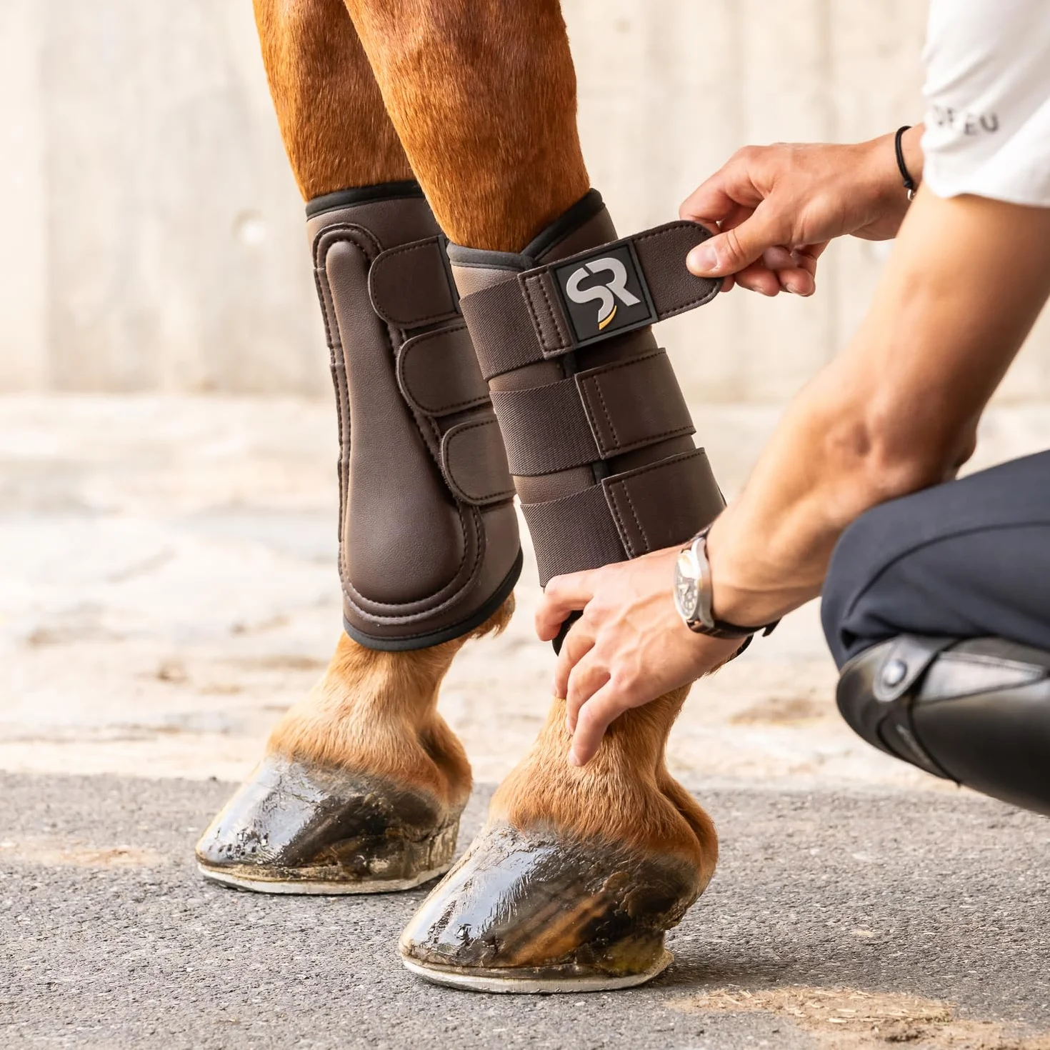 SUNRIDE guêtres de Dressage pour Chevaux Set de 2 Cuir véritable néoprène Protection blessures M 28 cm Marron
