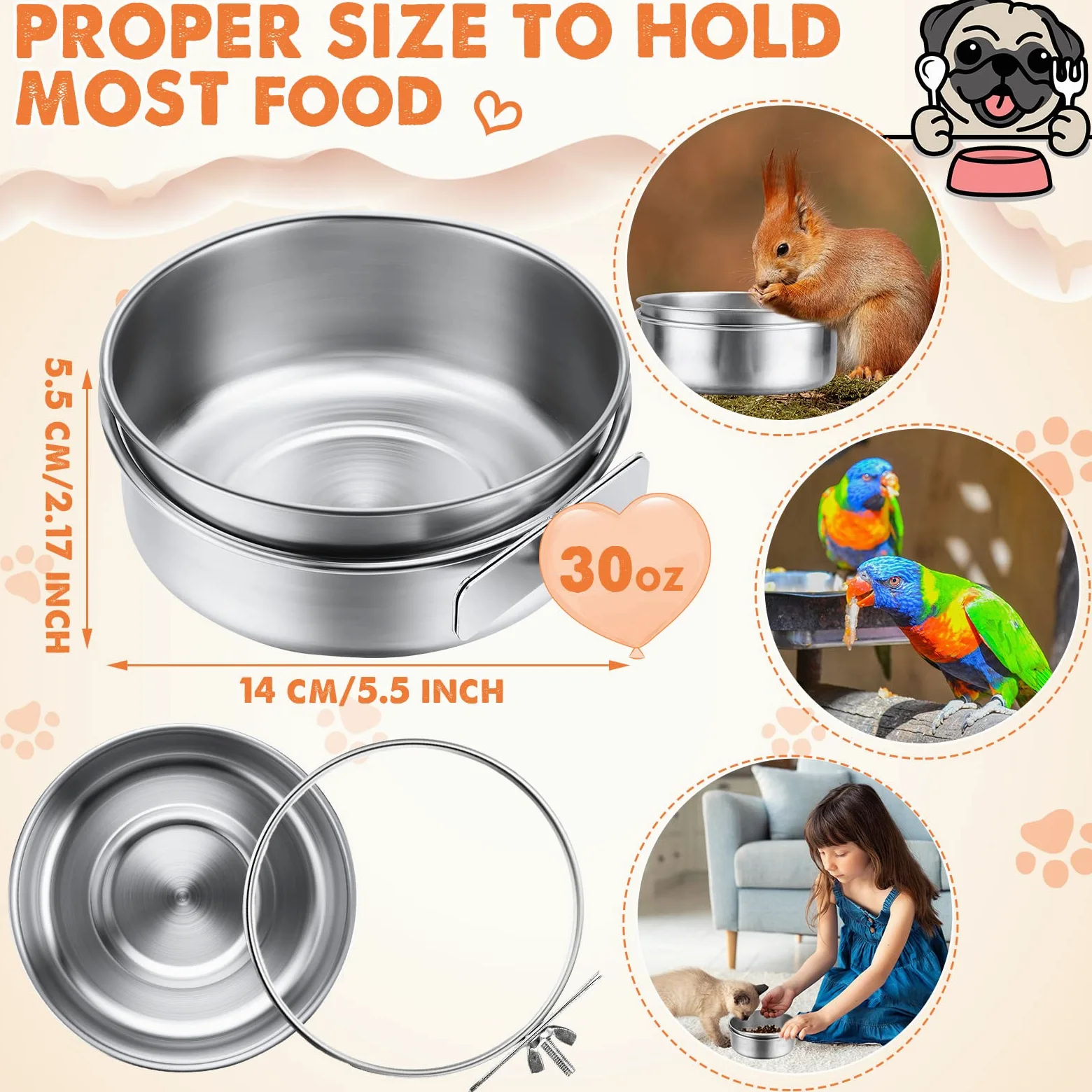 Aoriher Lot de 4 gamelles en acier inoxydable de 887 ml avec pince de serrage pour calopsitte, conure, perruche, petits animaux