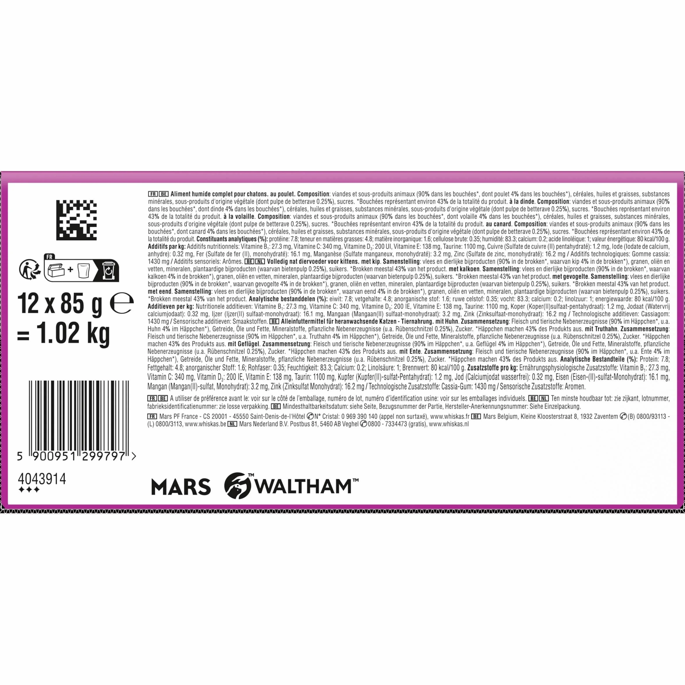 WHISKAS Aliment humide en gelée Chat junior 12x85g Festins à la Volaille Lot de 4 48 Sachets