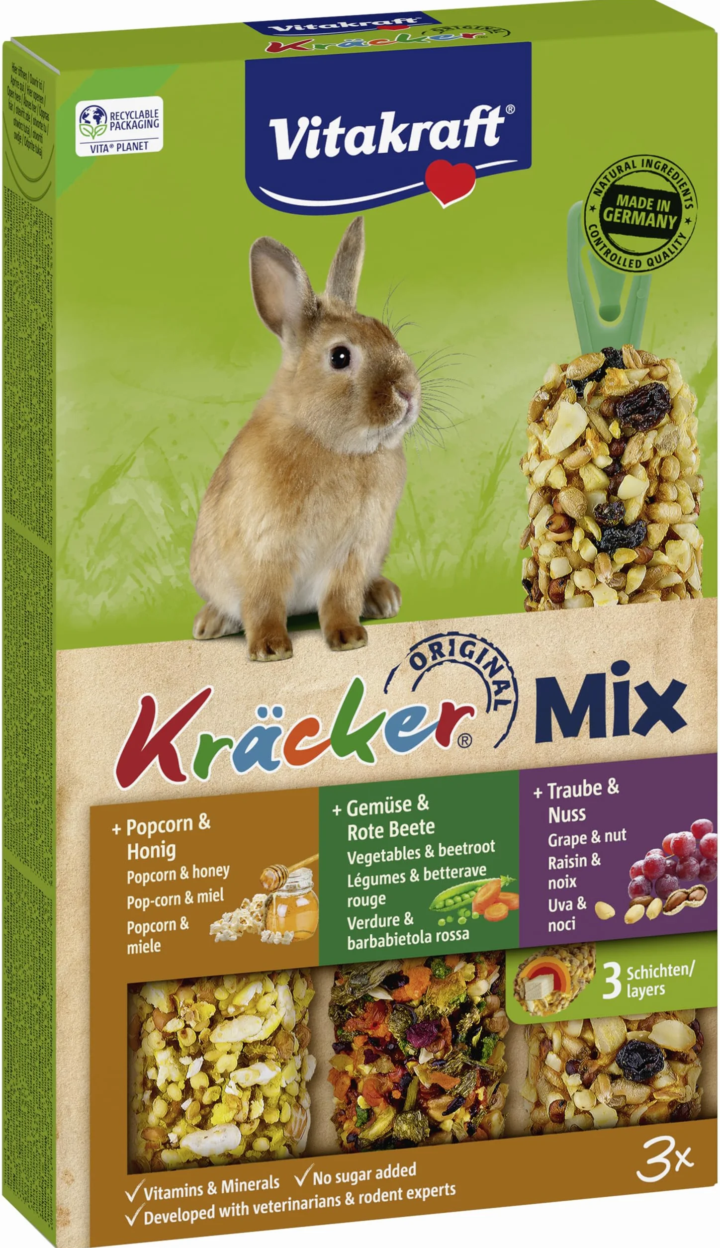 VITAKRAFT Kräcker Mix Bâtonnets Lapins Nains Pop-Corn Miel Légumes Betterave Rouge Raisin Noix sans Sucre Ajouté Ni Céréales 160G