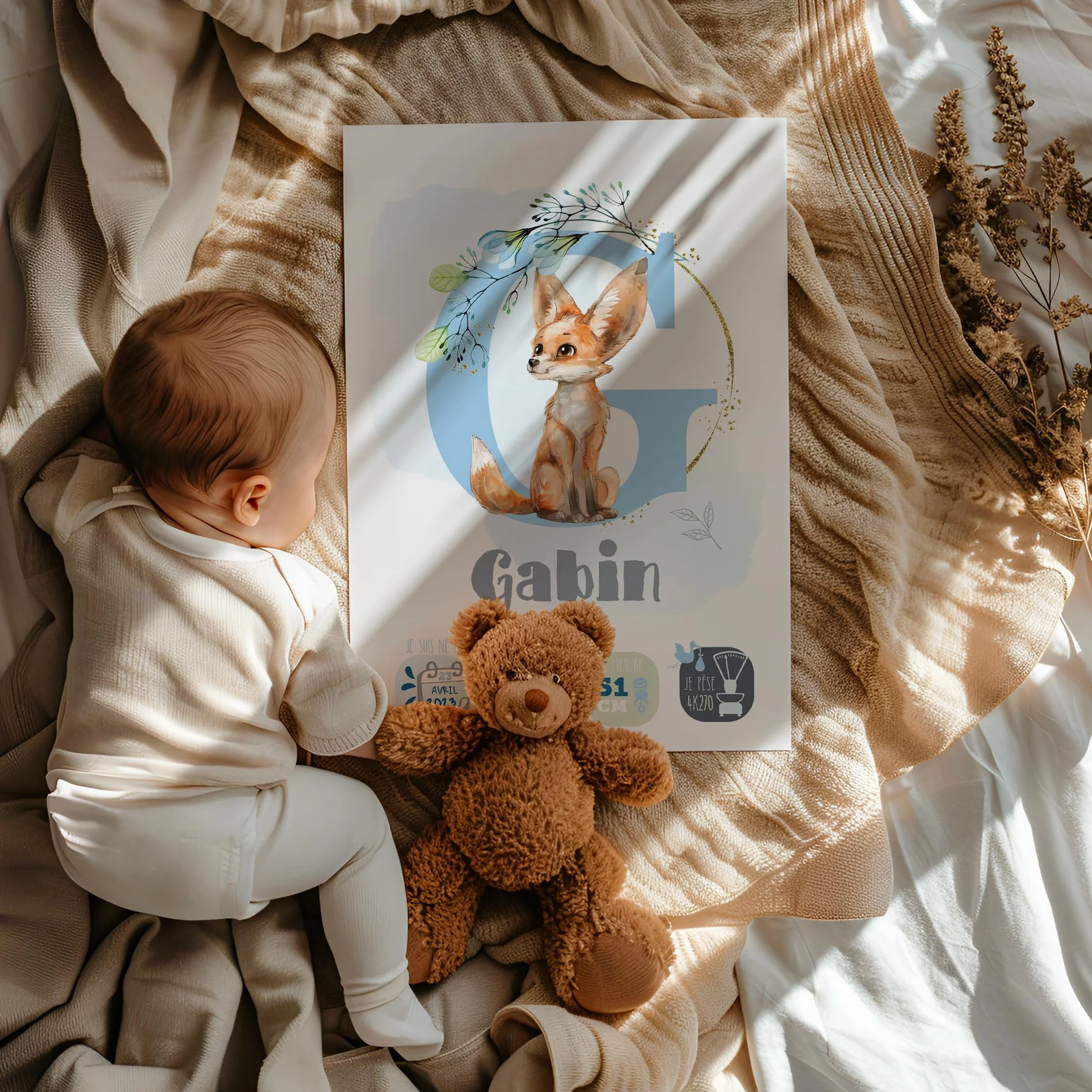 ÉNJA Création Affiche Personnalisée Décoration Murale Bébé Poster Prénom Poids Date Naissance Garçon