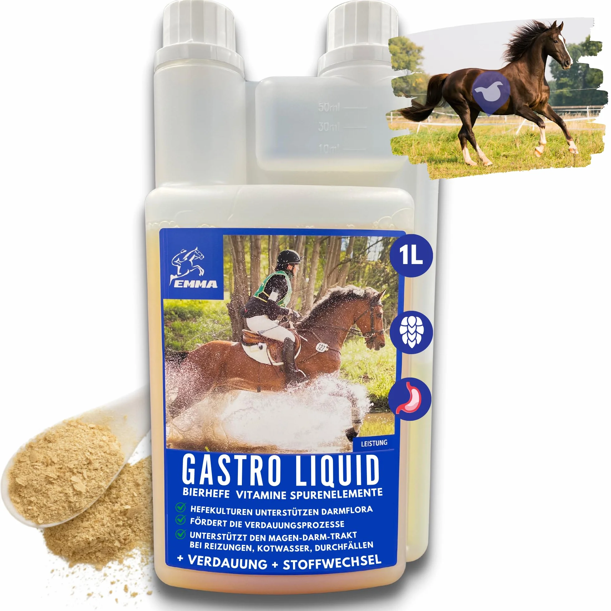 Levure de bière Cheval Gastro Liquide probiotiques pour Chevaux Pelage Peau Flore intestinale Digestion Vitamines Minéraux 1L