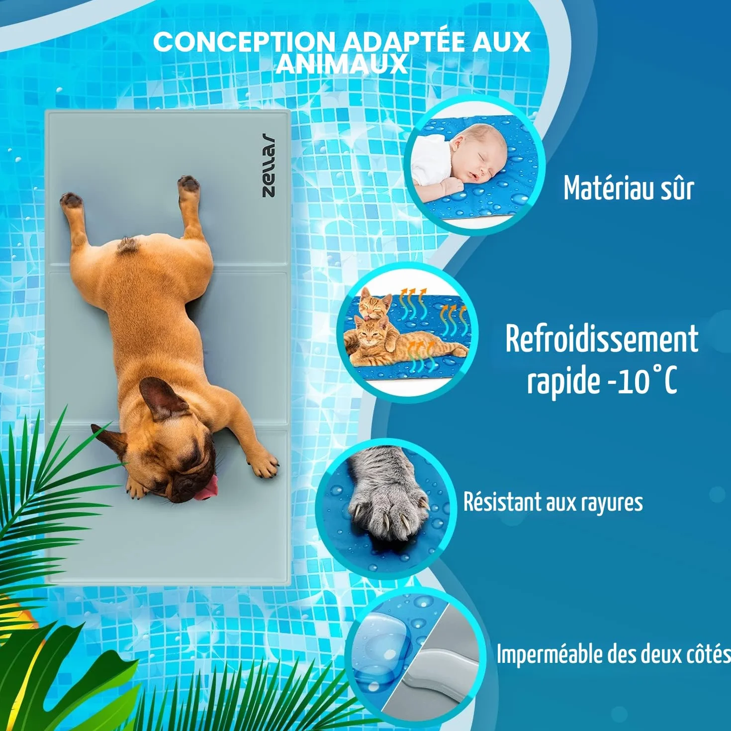 Zellar Tapis Rafraichissant Chien L 90x50cm Auto-refroidissant Gel Non-Toxique Grand Tapis Refroidissement