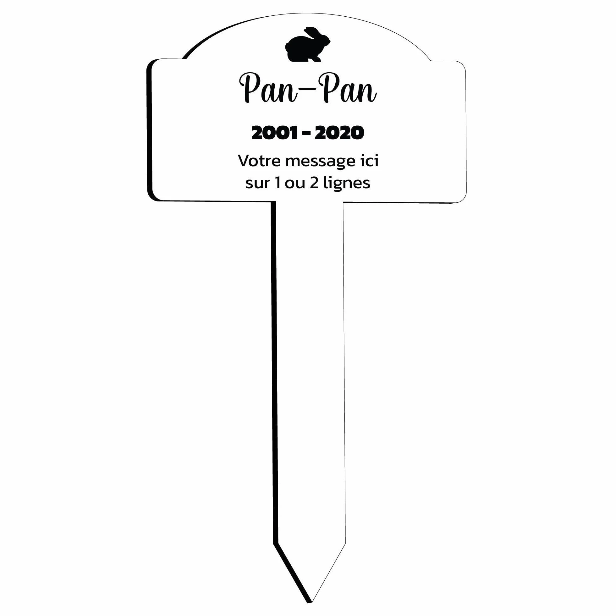 Plaque gravée funéraire pour animaux de compagnie motif Silhouette de lapin 25x14 cm personnalisée Blanc écriture Noire