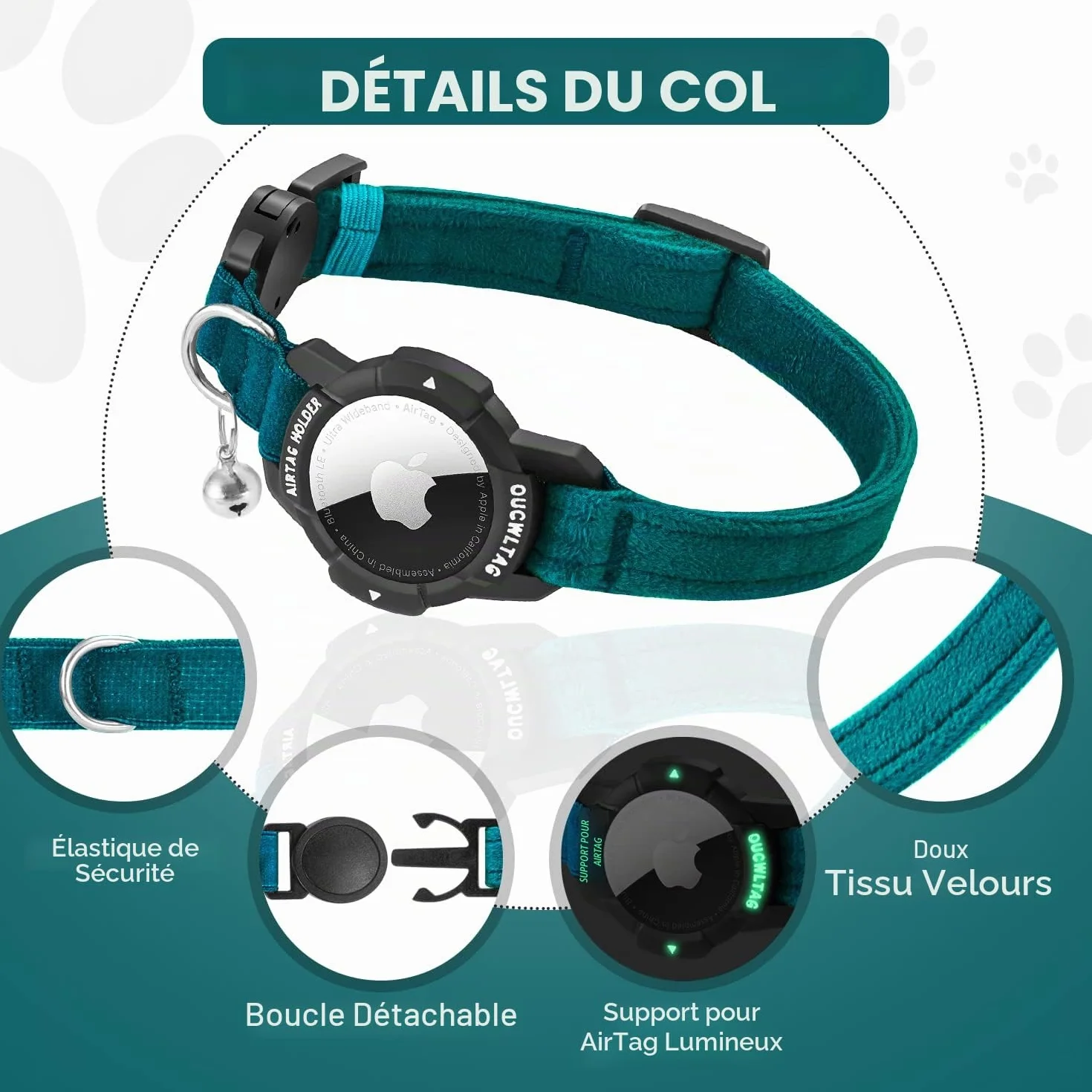 Collier Chat Airtag Luminescent Apple Support avec Boucle Sécurité Anti-étouffement Sangle Élastique Bleu 23-33cm