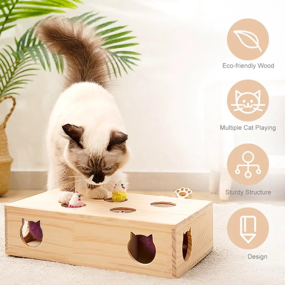 Cat Toys Interactive Whack-A-Mole Solid Wood Toy for Indoor Cats Kitten Catch Mice Game
