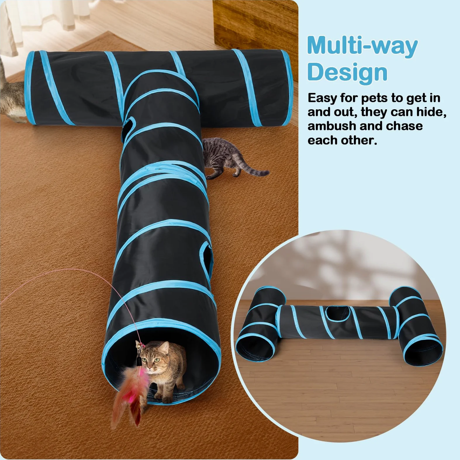 Tunnel pour chat - 3 tunnels droits pour animaux de compagnie - 6 formes à faire soi-même avec baguette - Résistant aux rayures - Tubes pliables pour chiots d'intérieur - Chaton - Lapin - Noir - 208,3
