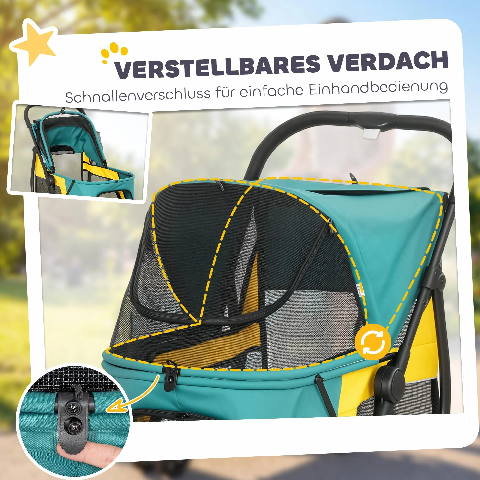 PawHut Poussette pliable pour chien jusqu'à 20 kg avec coussin lavable, fenêtre en filet, 3 roues, porte, poche arrière, poussette pour animaux de compagnie de petite et moyenne taille, vert foncé