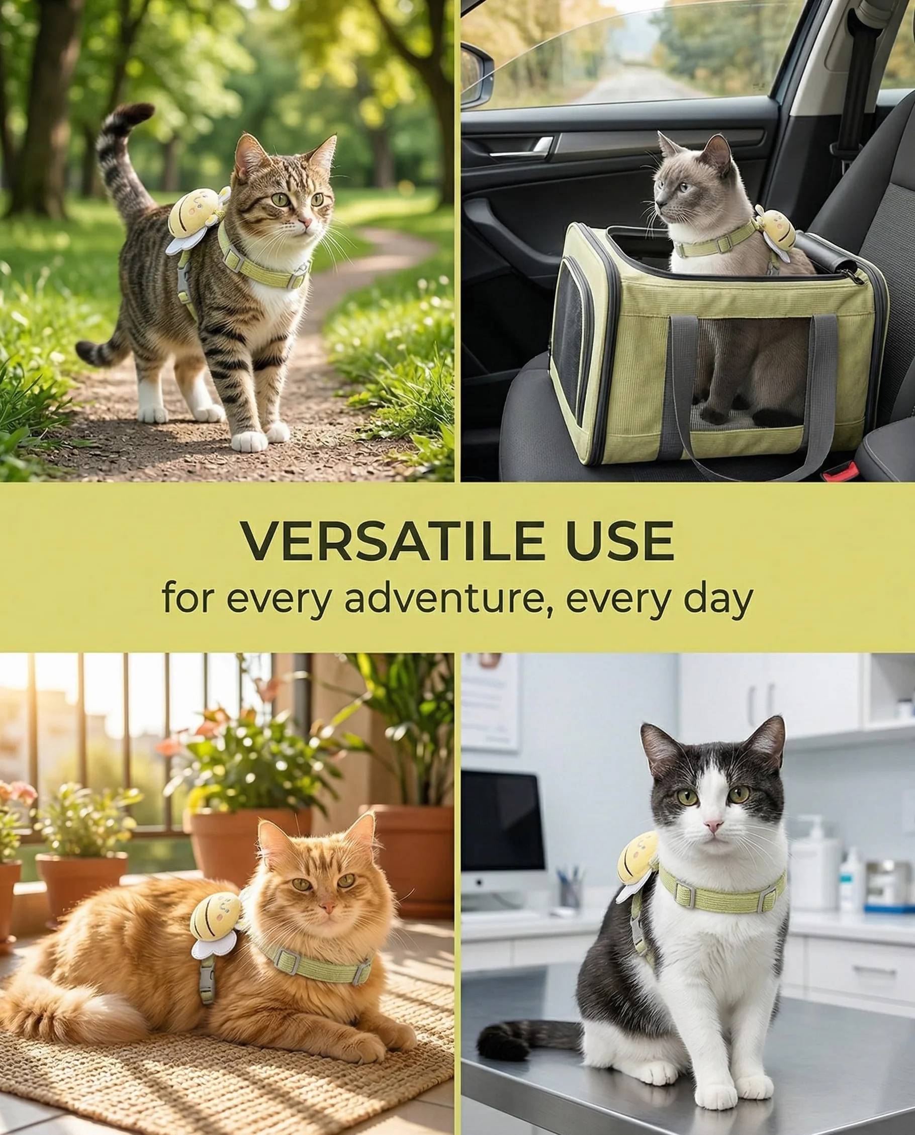 Harnais pour chat avec laisse taille M vert Motif petite abeille anti-évasion réglable pour chats chatons petits chiens lapins