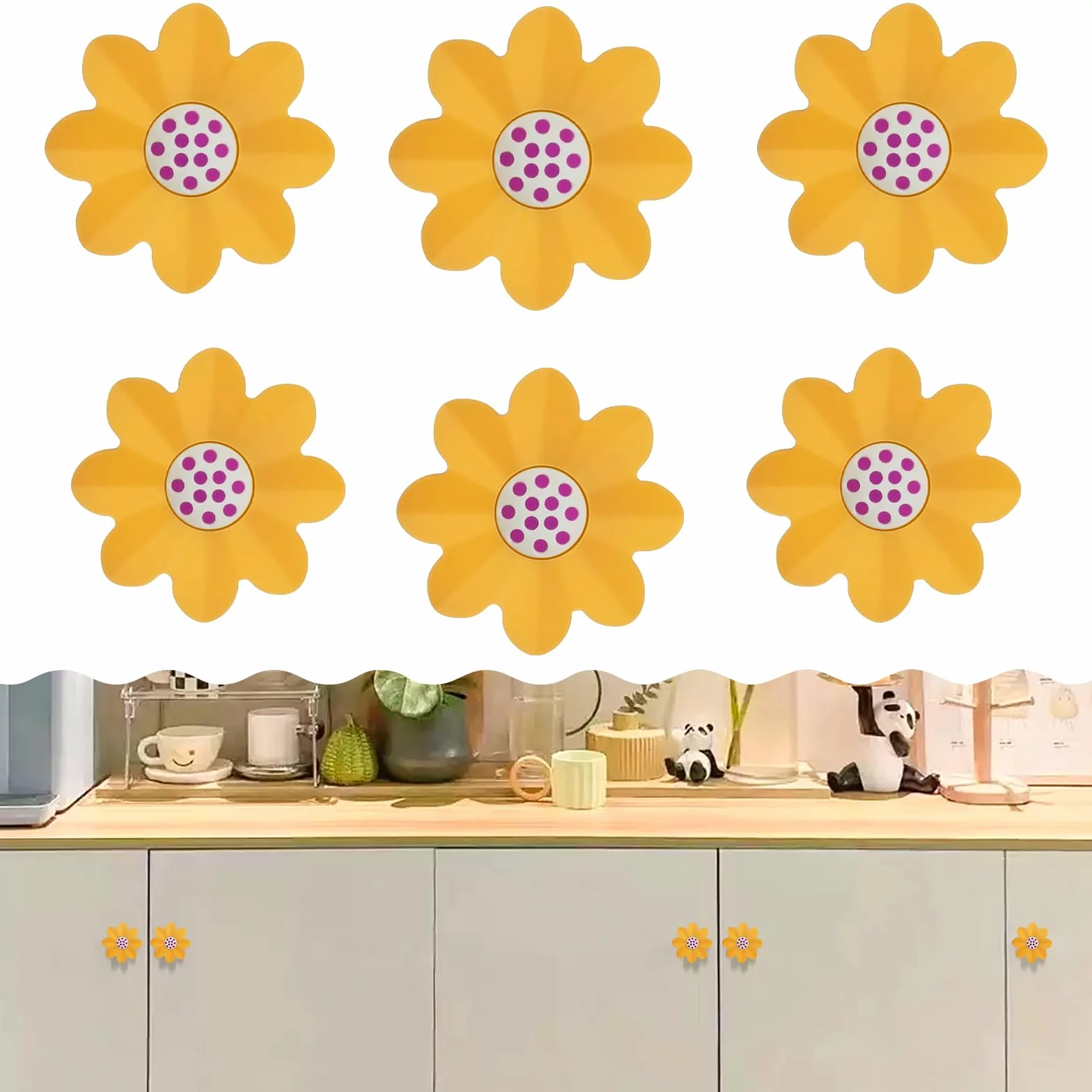 Lot de 6 Boutons en Caoutchouc Souple Forme Dessin Animé Enfants Tiroirs Chambre Jaune Fleur