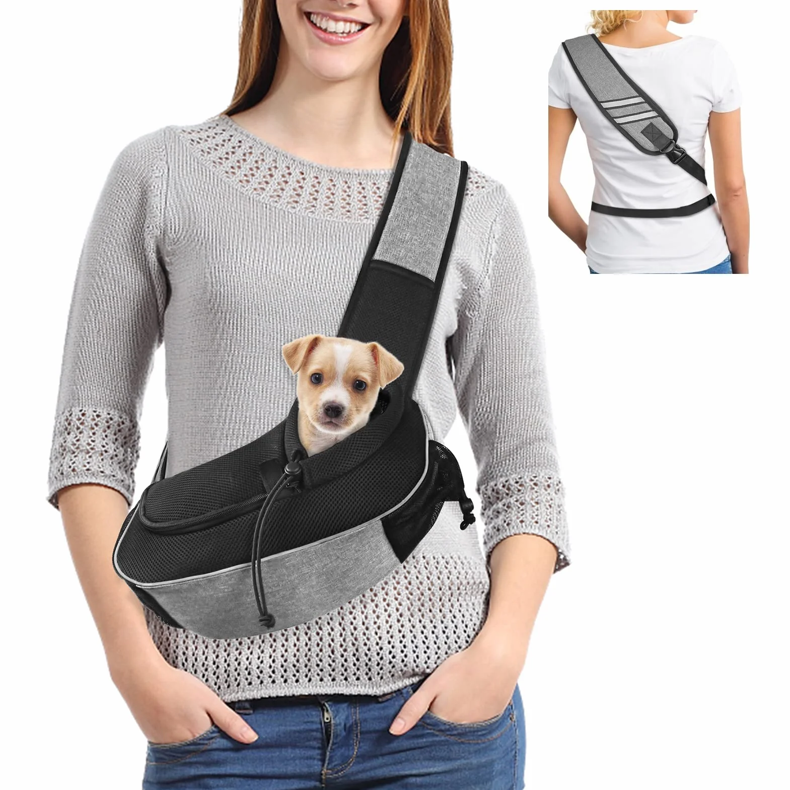Sac de Transport pour Chien Chat, Sac à Bandoulière Respirant, Gris