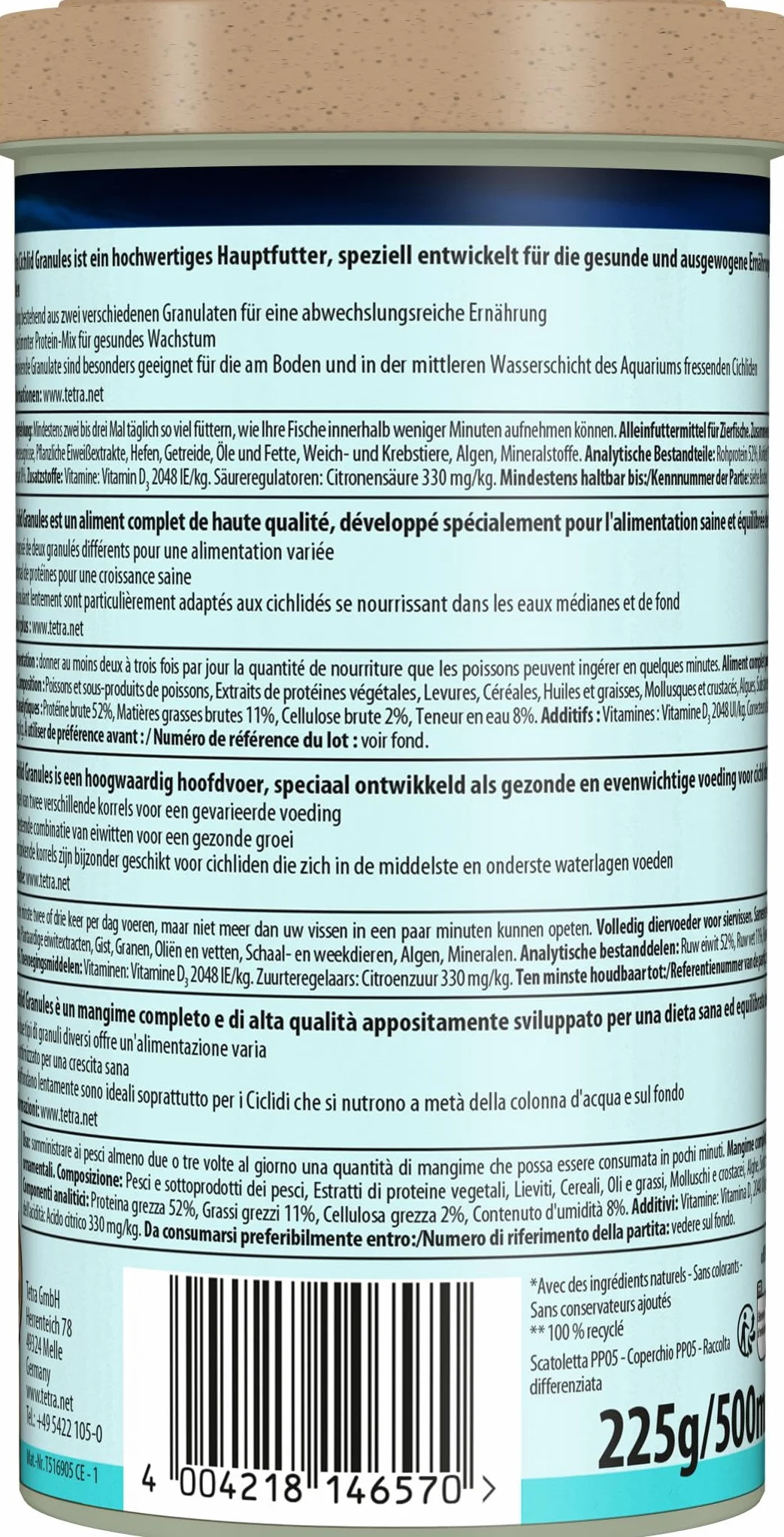 Tetra Cichlid Granules Aliment Complet pour Cichlidés de Taille Moyenne Poissons Eau Douce Tropicale 500ml