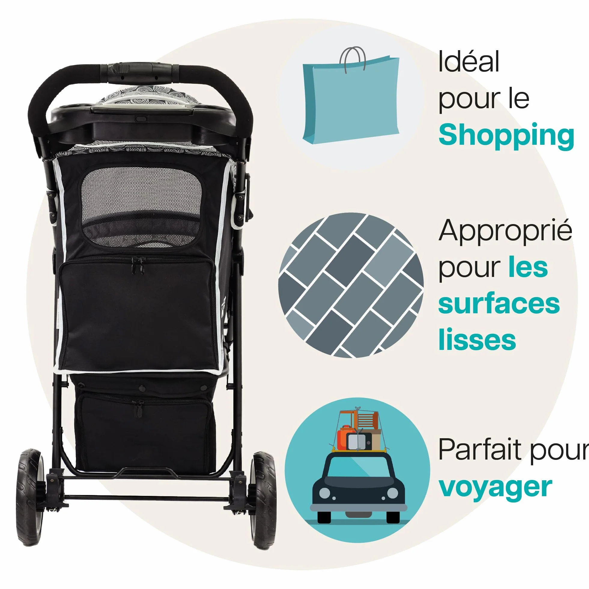 Poussette pour chien Innopet Allure Onyx - Design élégant - Roues pivotantes à 360° - Panier de rangement - Poussette pour animal compacte et pliable