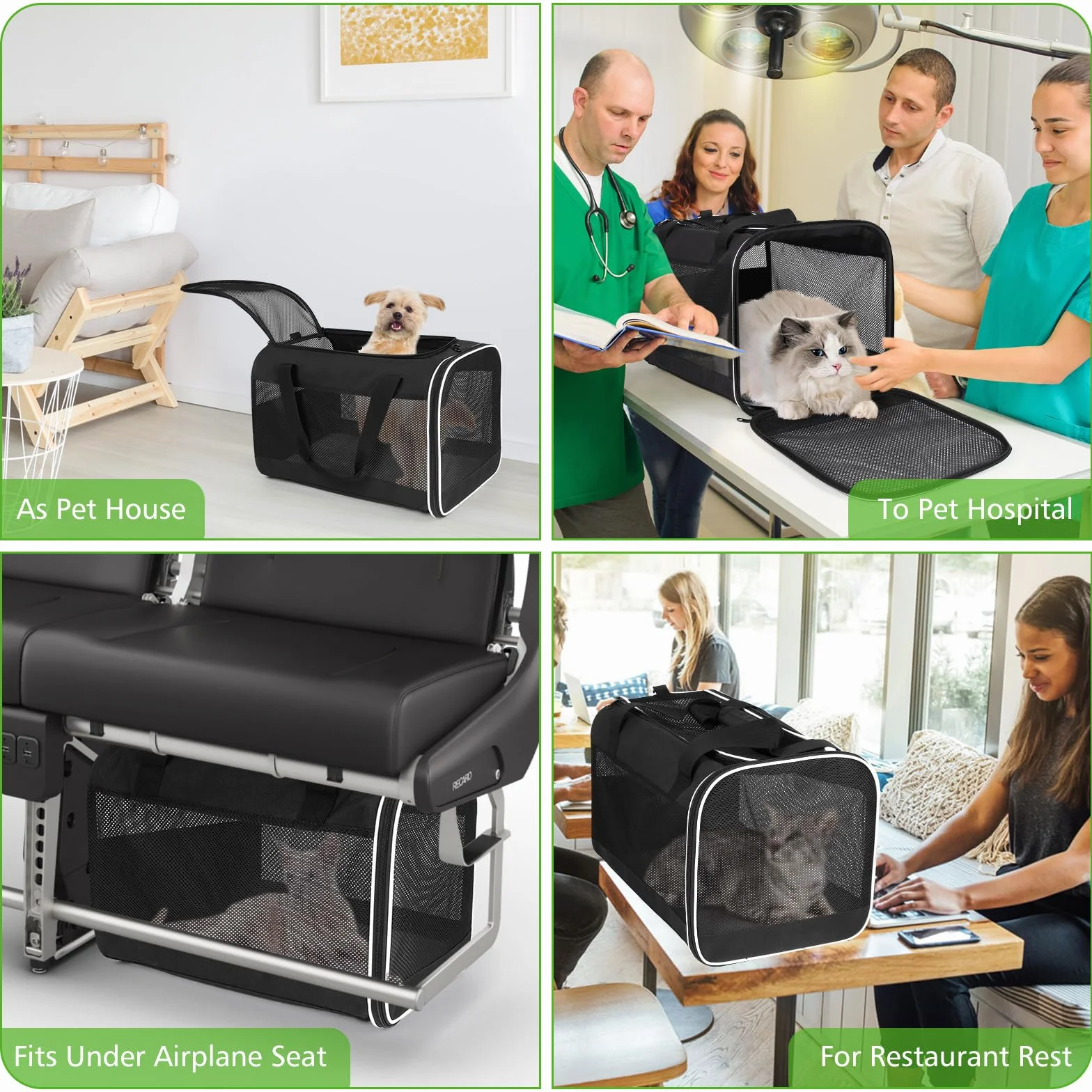 Sac de Transport pour Chat Pliable avec Coussin Amovible, 45x30x30cm, Noir, pour Animaux jusqu'à 6,5kg
