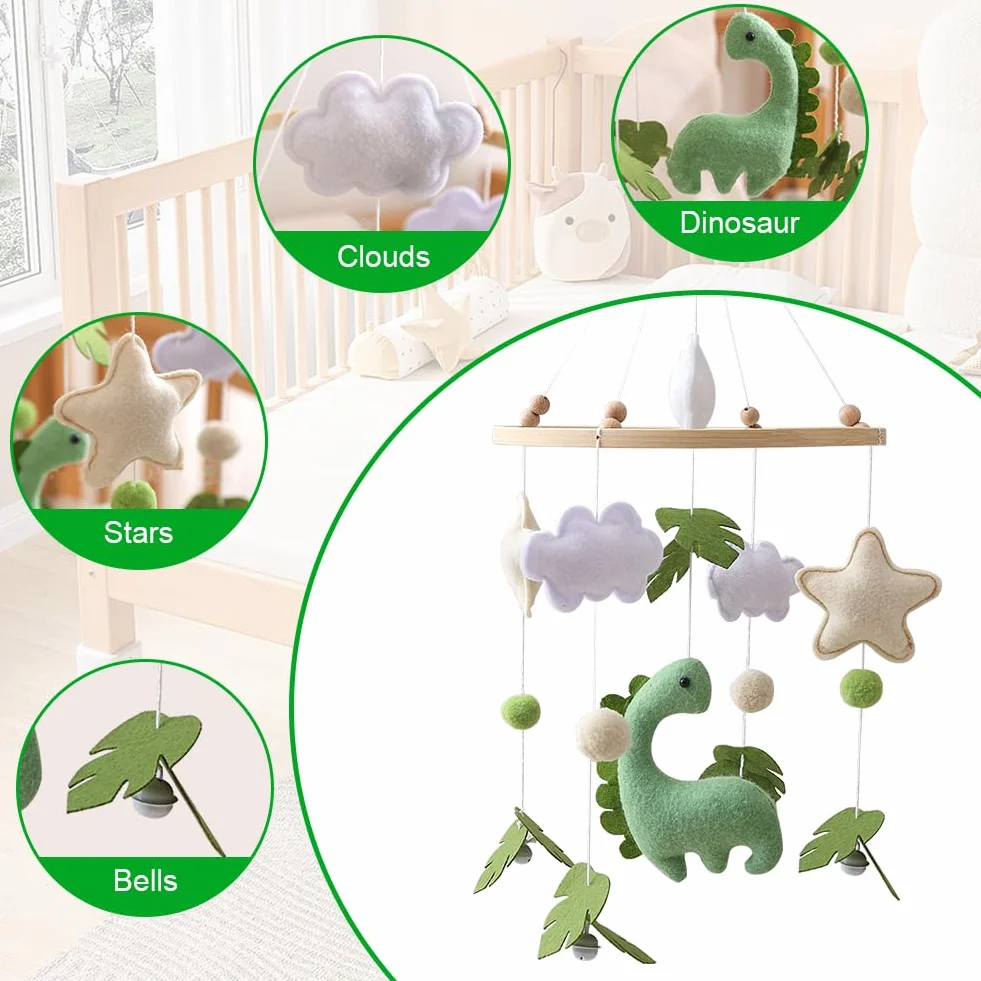 Mobile Lit Bébé Bois avec Feutre Dinosaures Feuilles Nuages Étoiles Clochette Cadeau Fille Garçon