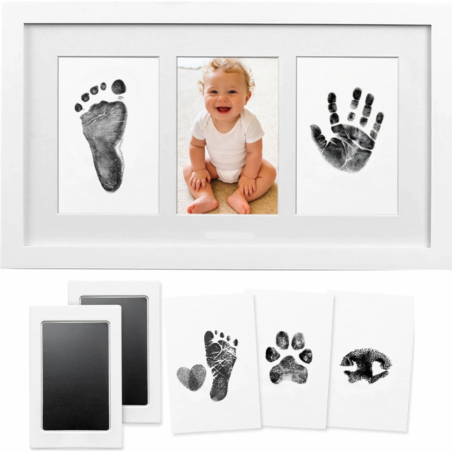 Cadre Empreintes Bébé Encre avec Tampon Encreur Clean Touch Non Toxique Cadeau Bébé Blanc