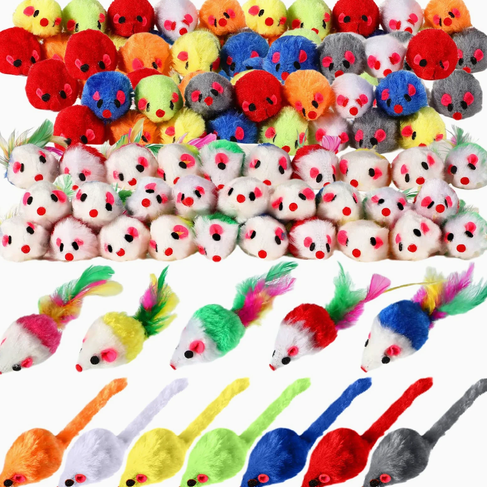 Syhood Lot de 120 souris en fourrure pour chat - Jouet interactif avec son hochet pour chats d'intérieur - Couleurs assorties