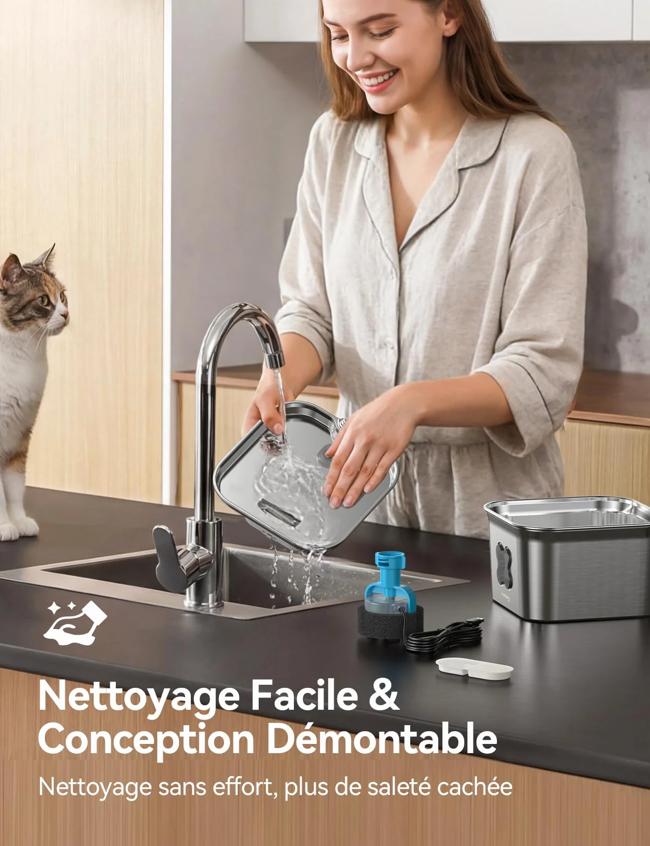 Fontaine à Eau pour Chat INOX 2,8L avec Système de Quadruple Filtration Silencieux