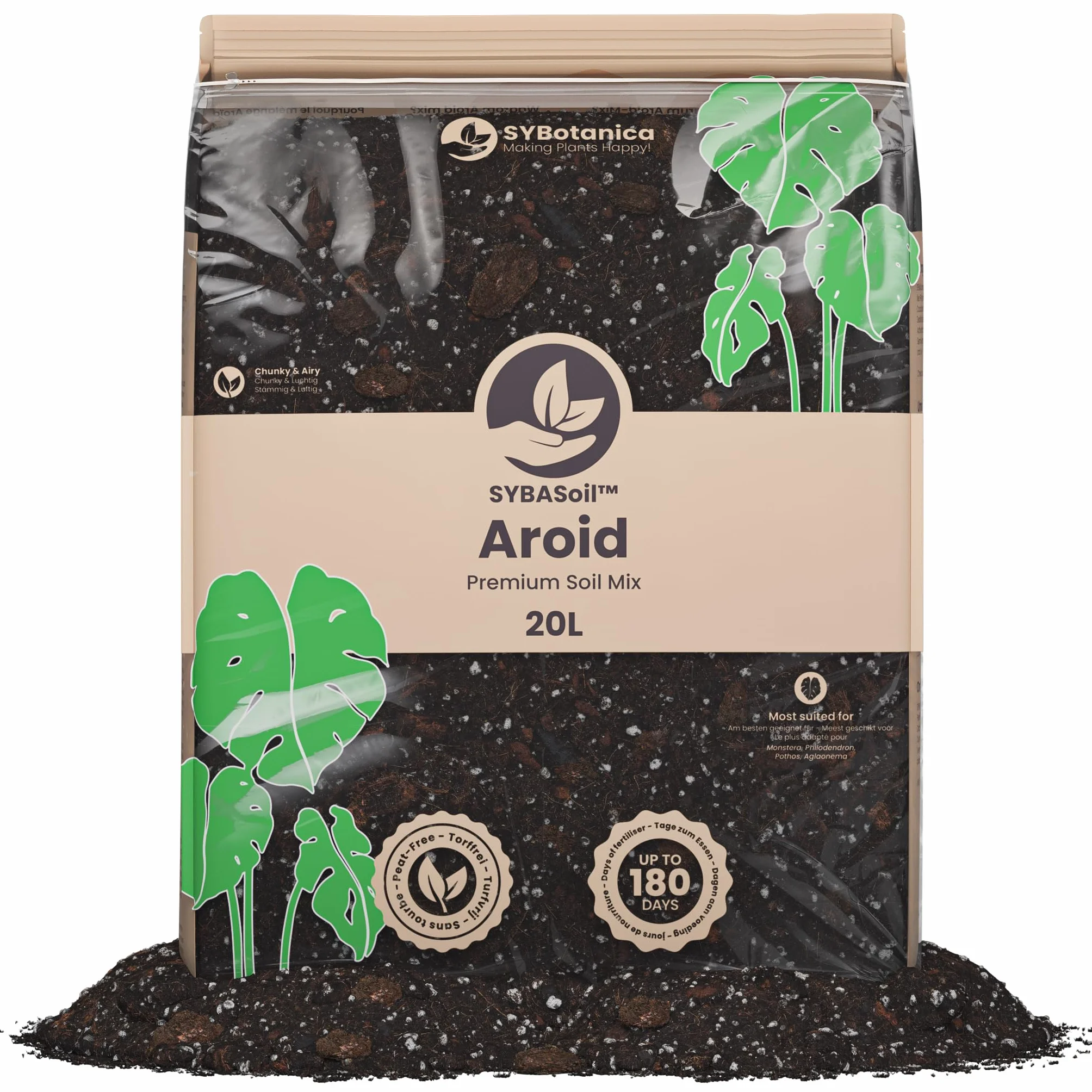 Sybotanica - Terreau aroïdes 20 L - Substrat Coco Premium pour Monstera, Philodendron, Aglaonema - sans Tourbe - Engrais Organique 180 Jours - Idéal pour Plantes d'intérieur