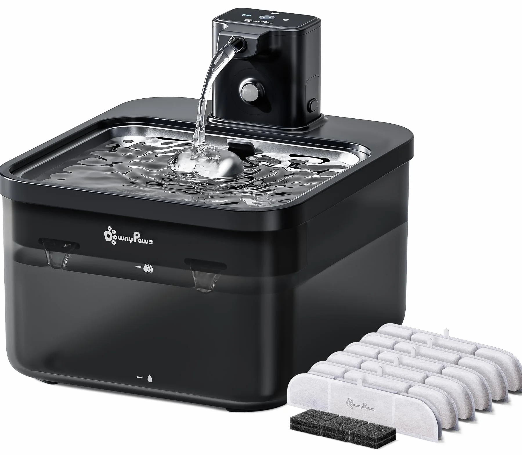 Fontaine à Eau sans Fil pour Chien 4000mAh Détecteur de Mouvement Acier Inoxydable Noir 6 Filtres