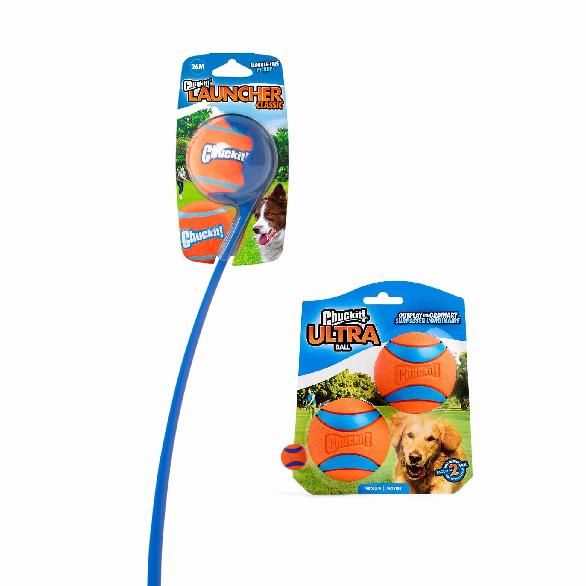 Chuckit! Ultra Ball & Launcher – Classic 66 cm avec 2 balles rebondissantes Moyennes (6,3 cm) pour Chiens de 9 à 27,2 kg, Accessoire Jouet Extérieur Jeux pour Chien, Lanceur de Balles