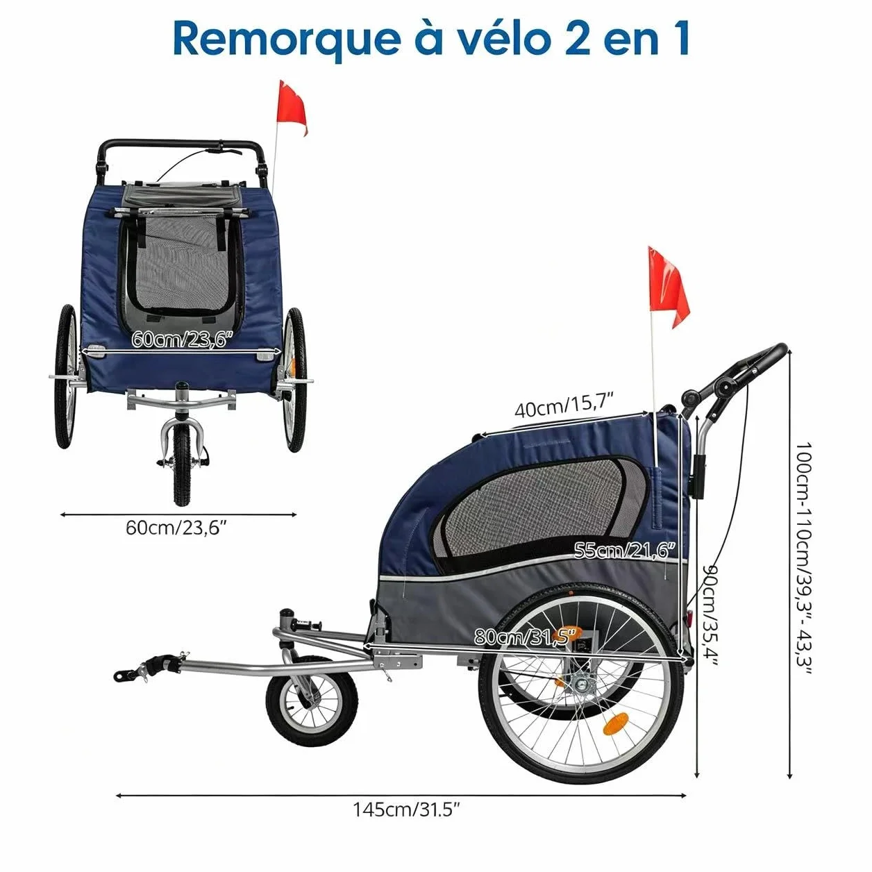 Bonnlo Remorque de Vélo pour Animaux 2-en-1, Poussette pour Chien Tout Terrain, Cadre en Acier, Charge 50kg, 155 x 82 x 106 cm