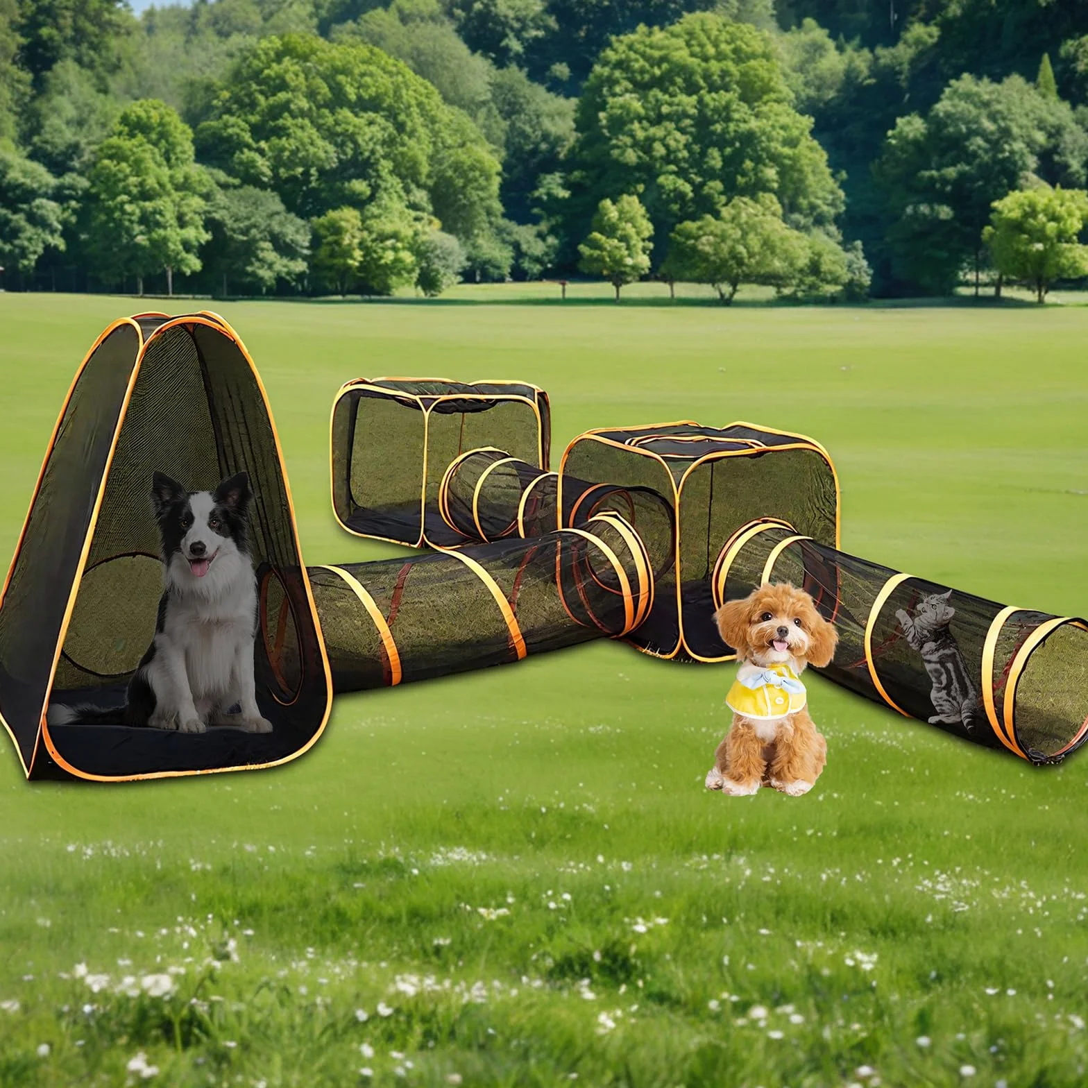 Tunnel pour Animaux de Compagnie Enclos Pliable 6 en 1 pour Chats Tente Parc pour Chiens D'extérieur