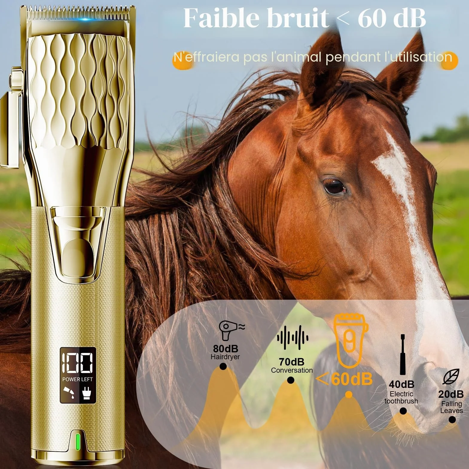 Tondeuse Sans Fil pour Chevaux Professionnelle, Moteur Puissant 6200RPM, Poids Léger 400g