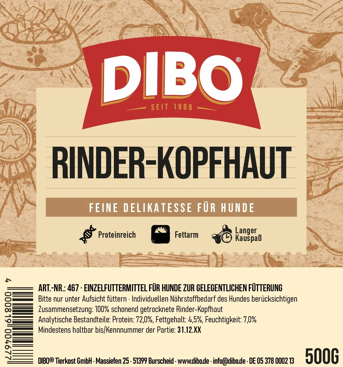 DIBO Peau de tête de bœuf, friandises naturelles à mâcher pour chien, sachet de 500 g