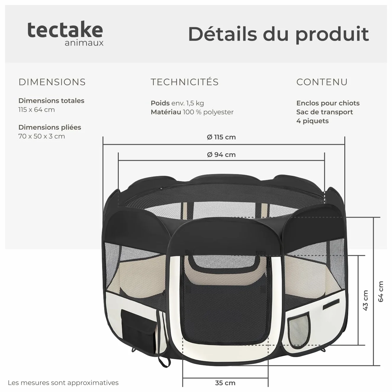 Tectake Parc pour Chien Modulable Pliable sans Toit 2 Entrées 6 Fenêtres Enclos Extérieur Anti Fugue