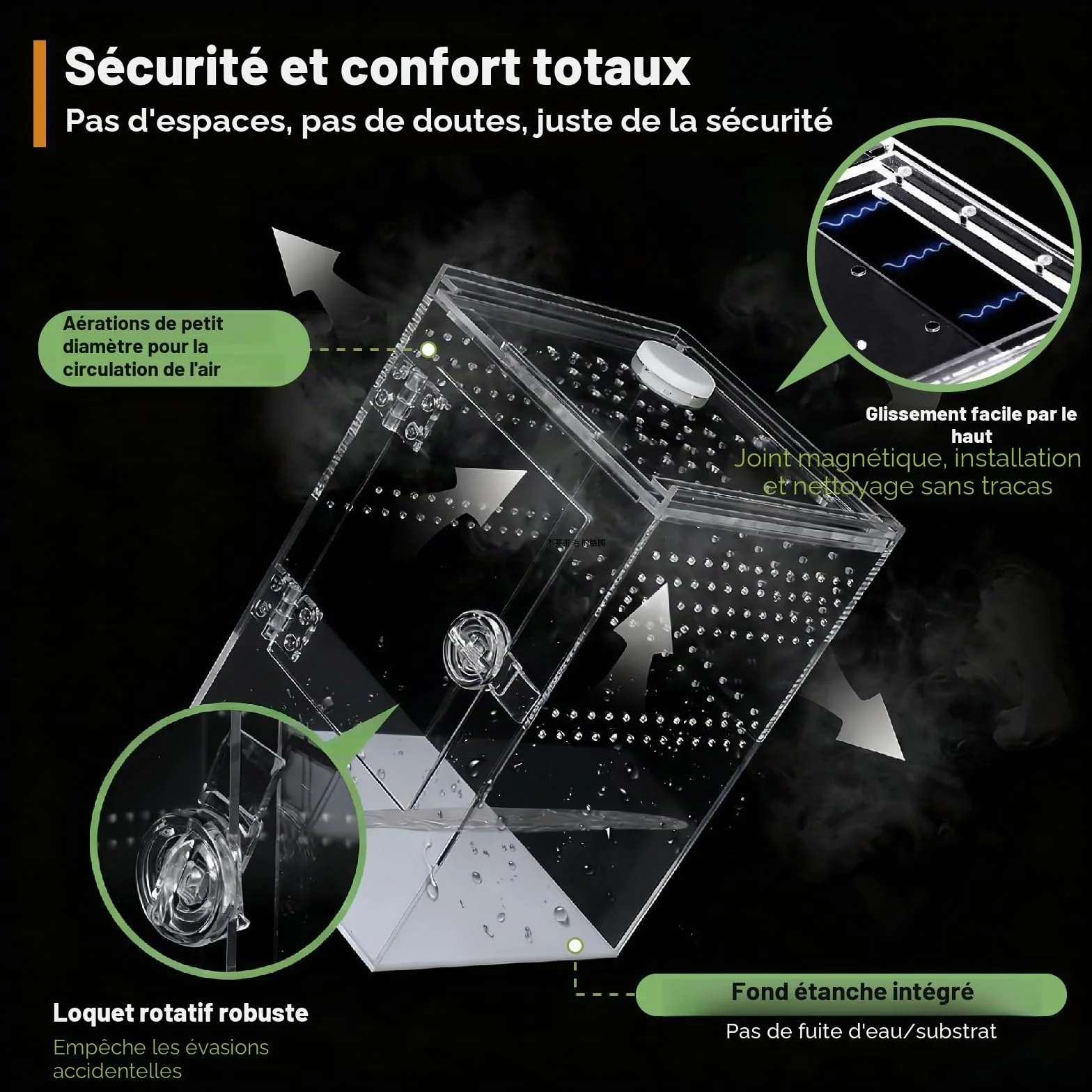Terrarium Acrylique 23x15x15CM Rectangle 360° Ventilation Croisée Etanche pour Reptiles Araignée Escargots