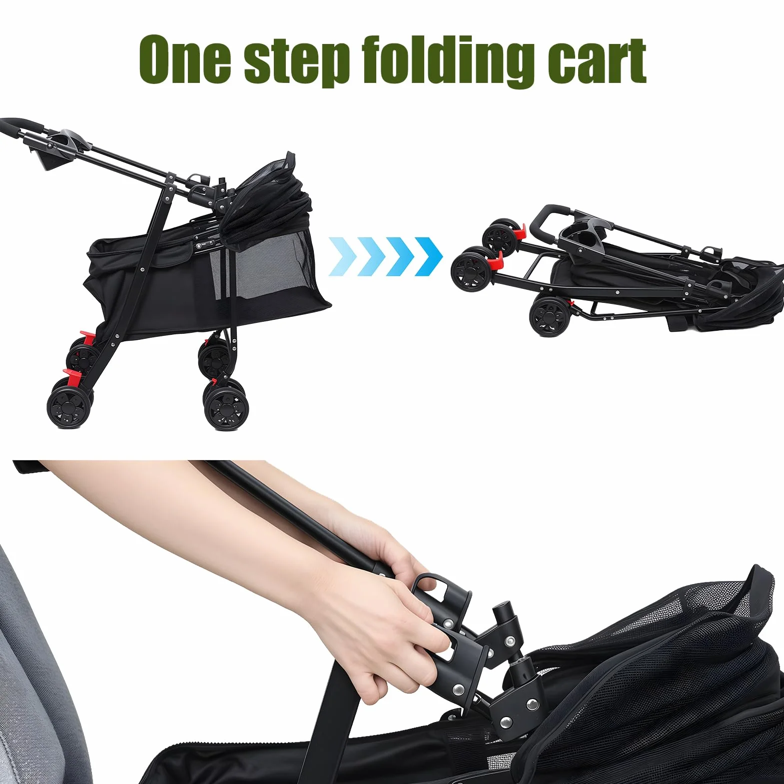 Poussette pour chats et chiens pliable 4 roues avec porte-gobelet fenêtre maille bleu