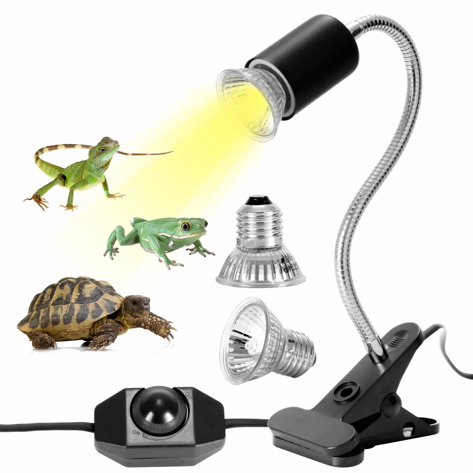Kit Lampe Chauffante Reptiles avec 2 Ampoules UVA UVB 25W 50W Lampe Tortue Terrestre Base Longue 360 Rotation