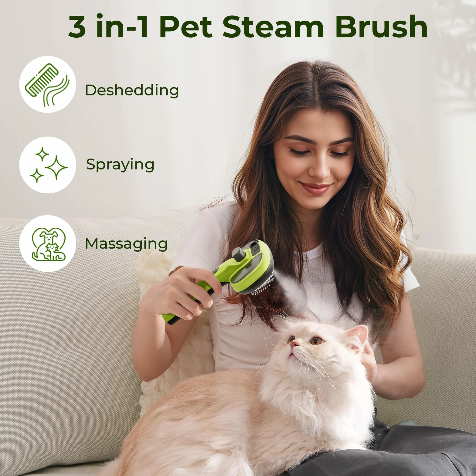 Pecute Brosse Autonettoyante Chat Chien Vapeur 2 Modes Pulvérisation Antistatique Vert