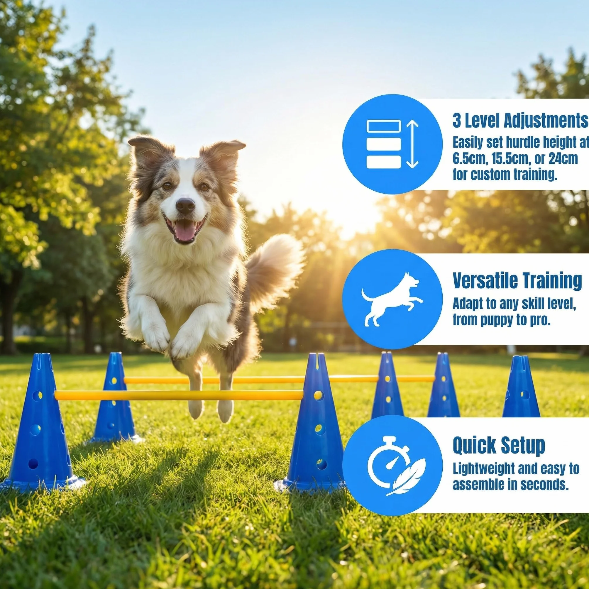 Kit d'obstacles Agility pour Chien 5 Pièces Haies d'Entraînement 23cm Réglable Bleu