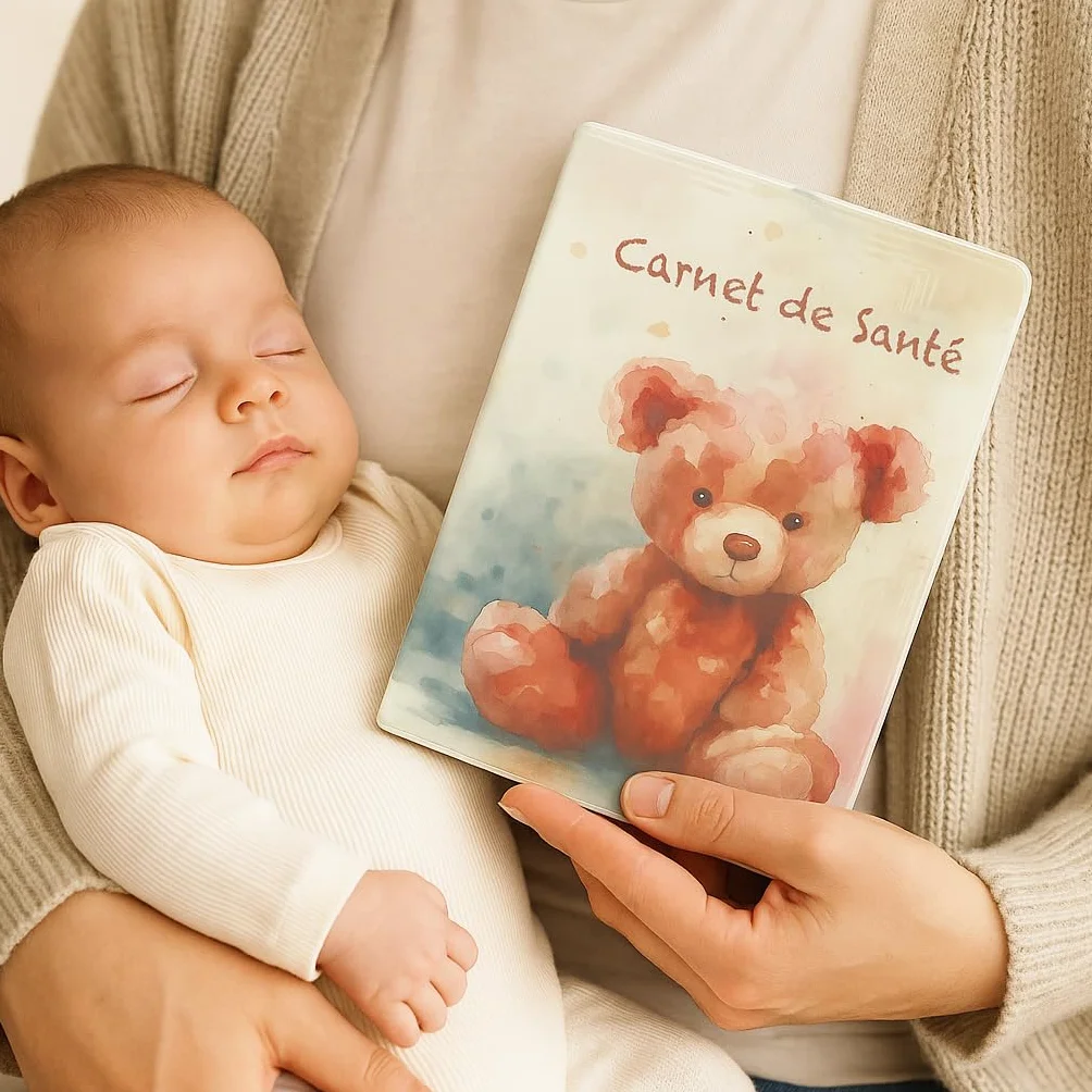 Protège Carnet de Santé Enfant en Gomme Expansée Souple Résistant Imperméable Étui Bébé Fille Garçon Modèle Ourson Fabriqué en France