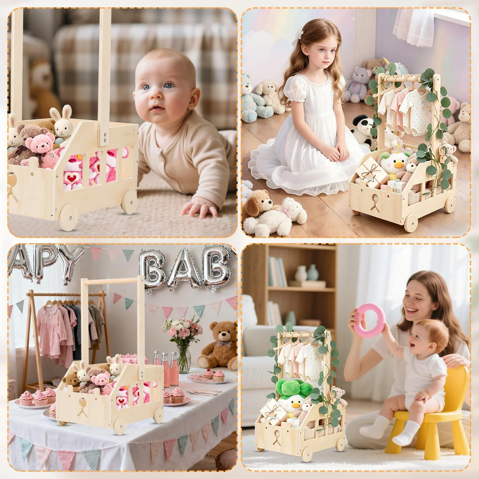 Panier Naissance Bébé en Bois Motif Ours Coffret Cadeau avec Poignée et Roulettes