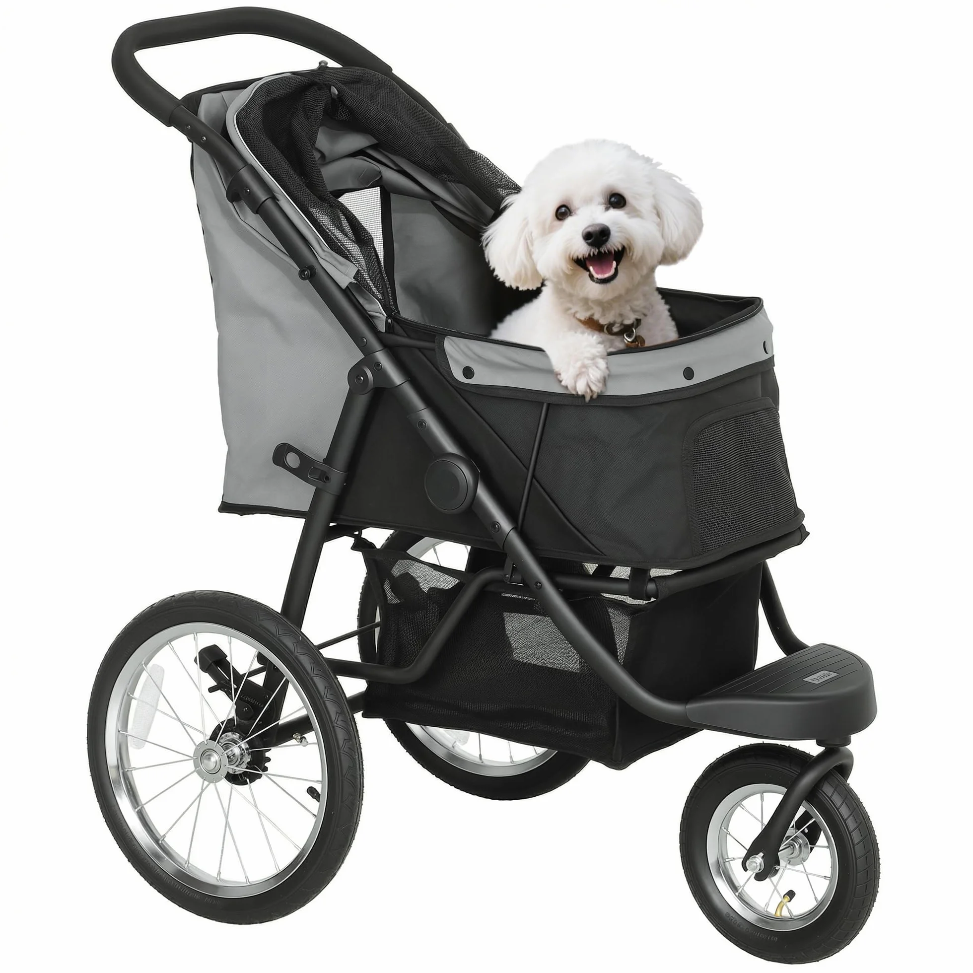 PawHut Poussette pour chien pliable en un clic, poussette chat, panier de rangement, coussin lavable, grandes roues caoutchouc, gris