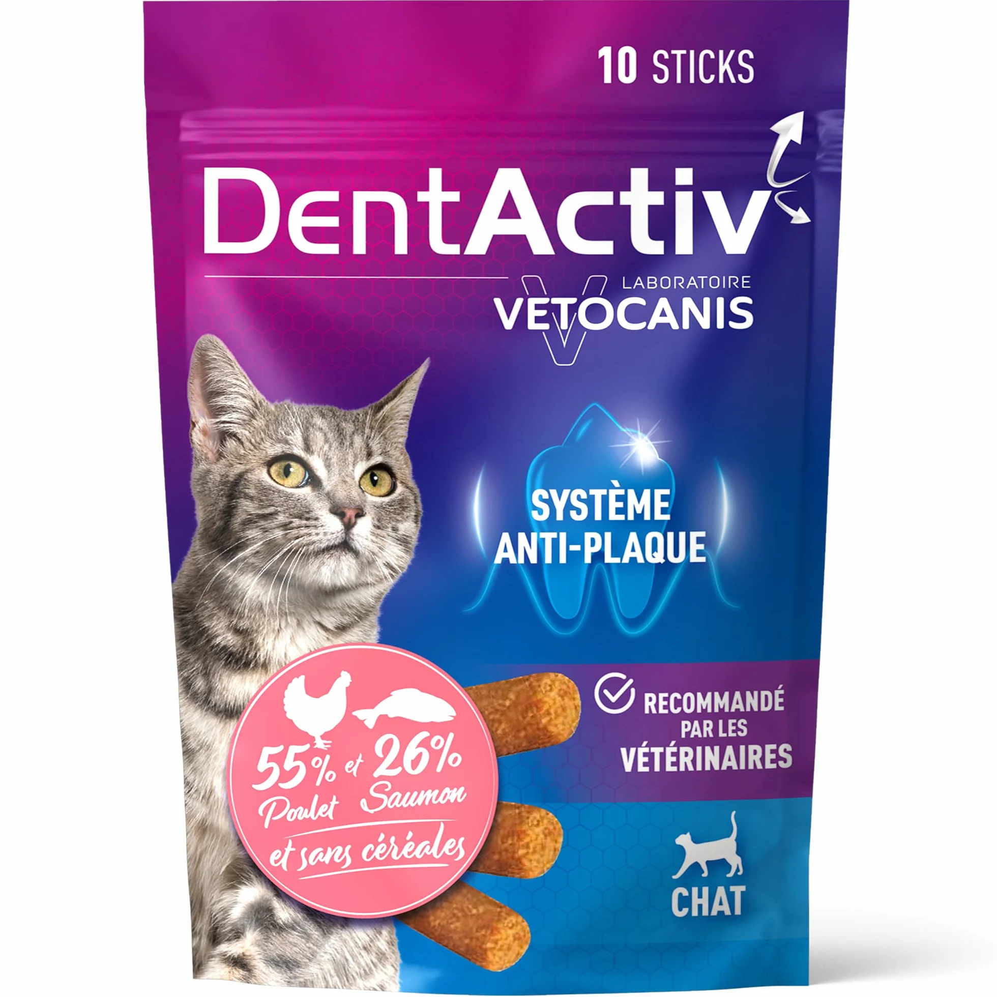 Vetocanis Dentactiv Stick Dentaire Chat Friandises Hygiène Santé 55% Poulet 26% Saumon Anti-Plaque