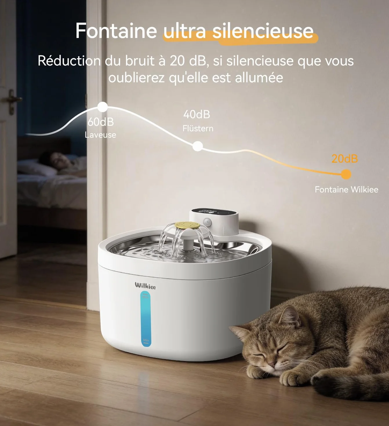 Fontaine à Eau pour Chat sans Fil 2,8L INOX Ultra-Silencieuse <20dB Batterie 4000mAh avec Capteur et Minuteur 3 Filtres