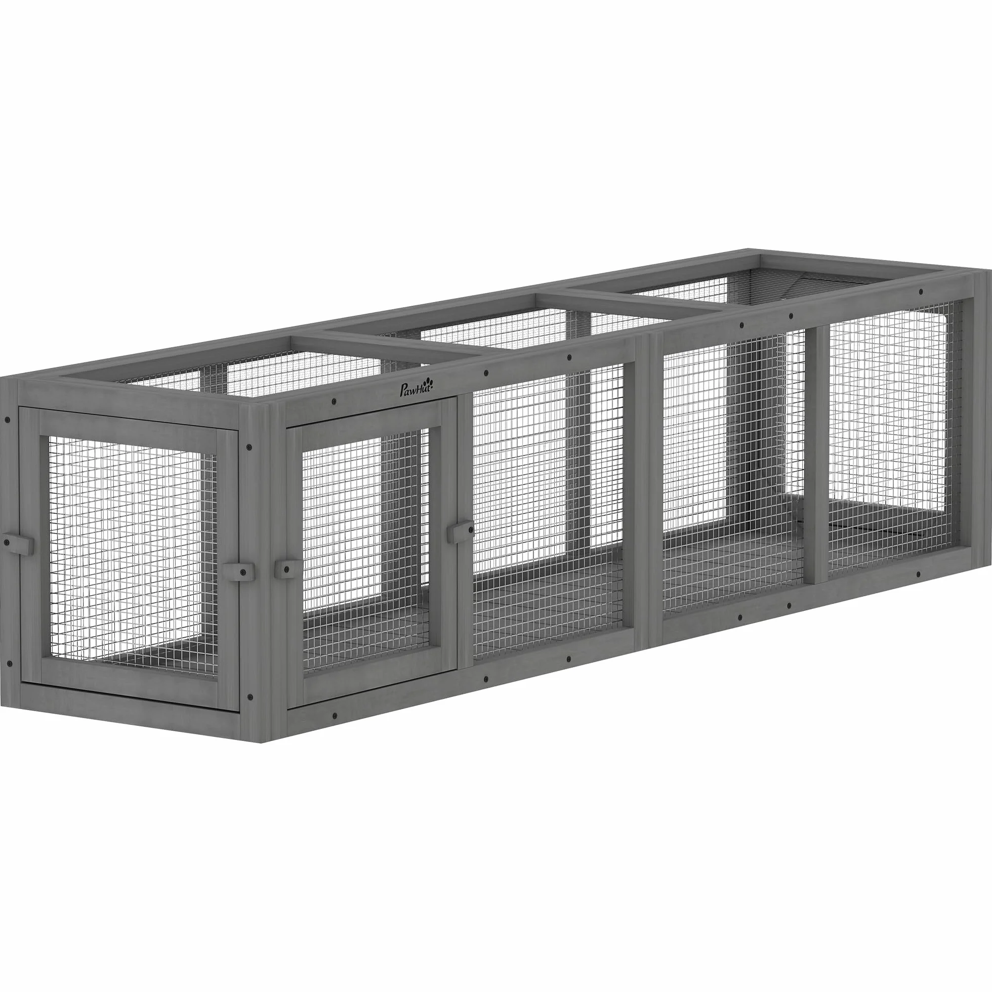 PawHut Tunnel pour Chat d'extérieur 150 cm Enclos de Jeu en Bois Parc Extensible avec 3 Portes pour Chatons Chiots Gris