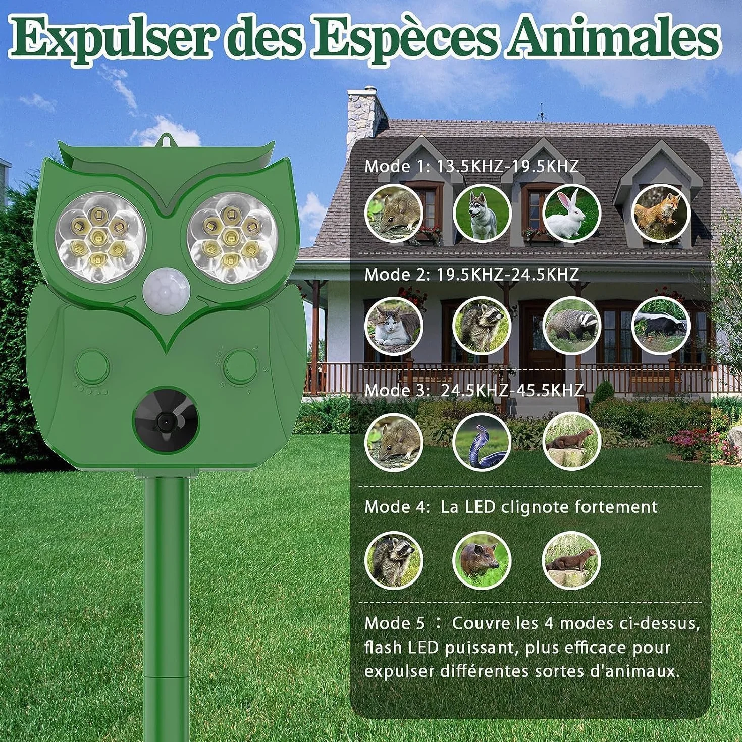 Répulsif Chat Ultrason IP65 2 Pièces Fréquence Réglable pour Chats, Pigeons, Cerfs