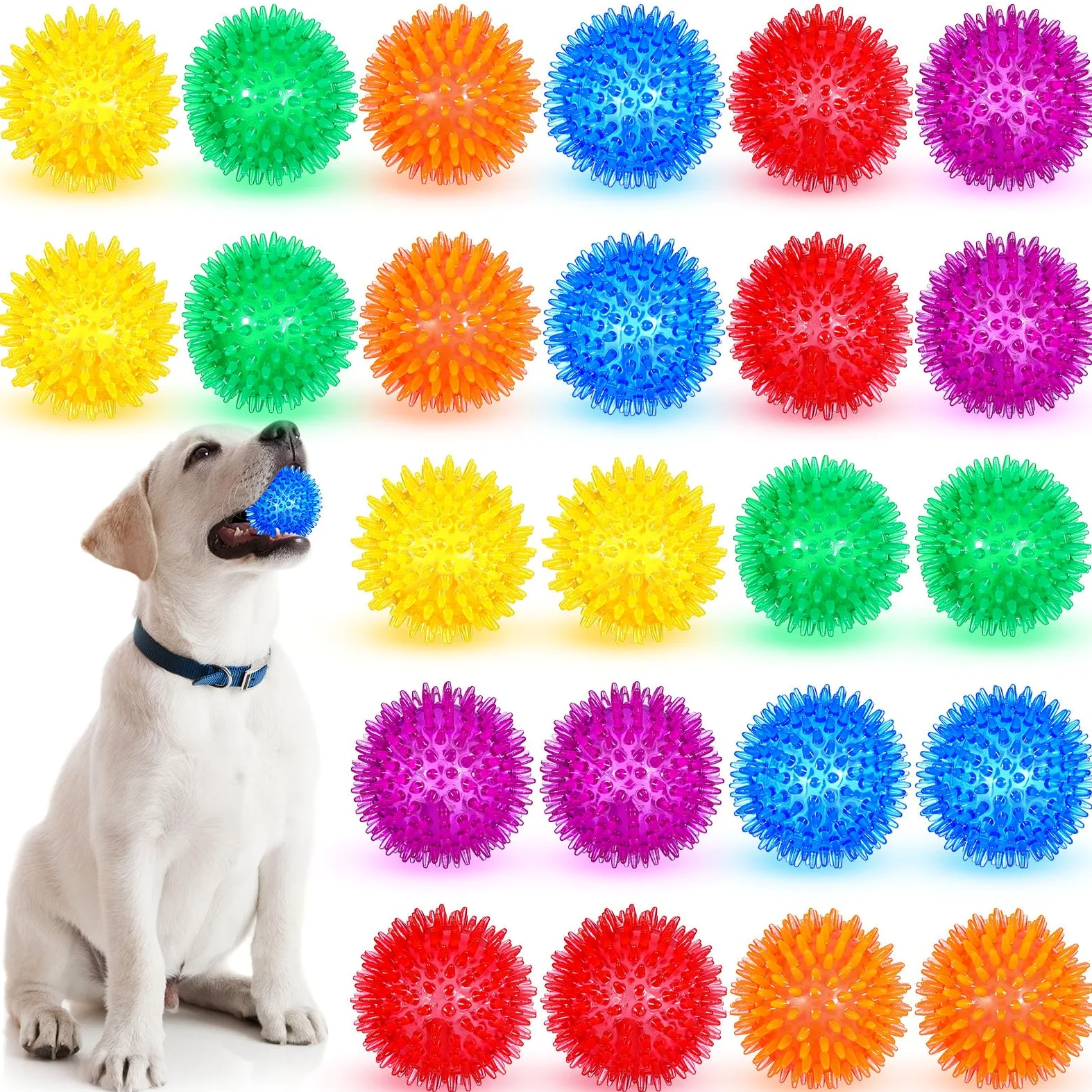 Yunsailing Lot de 24 jouets couineurs pour chien de 6,5 cm - Balles à picots à mâcher pour chiens de petite et moyenne taille - Pour nettoyer les dents et l'entraînement (bleu, vert, orange, violet
