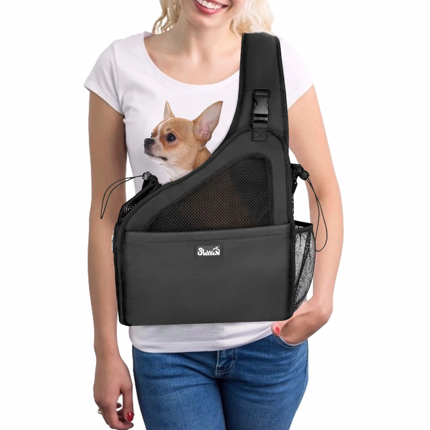 Sac Transport pour Chien, Chiot Sac Bandoulière Voyage avec Sangle Rembourrée Réglable et Maille Respirante