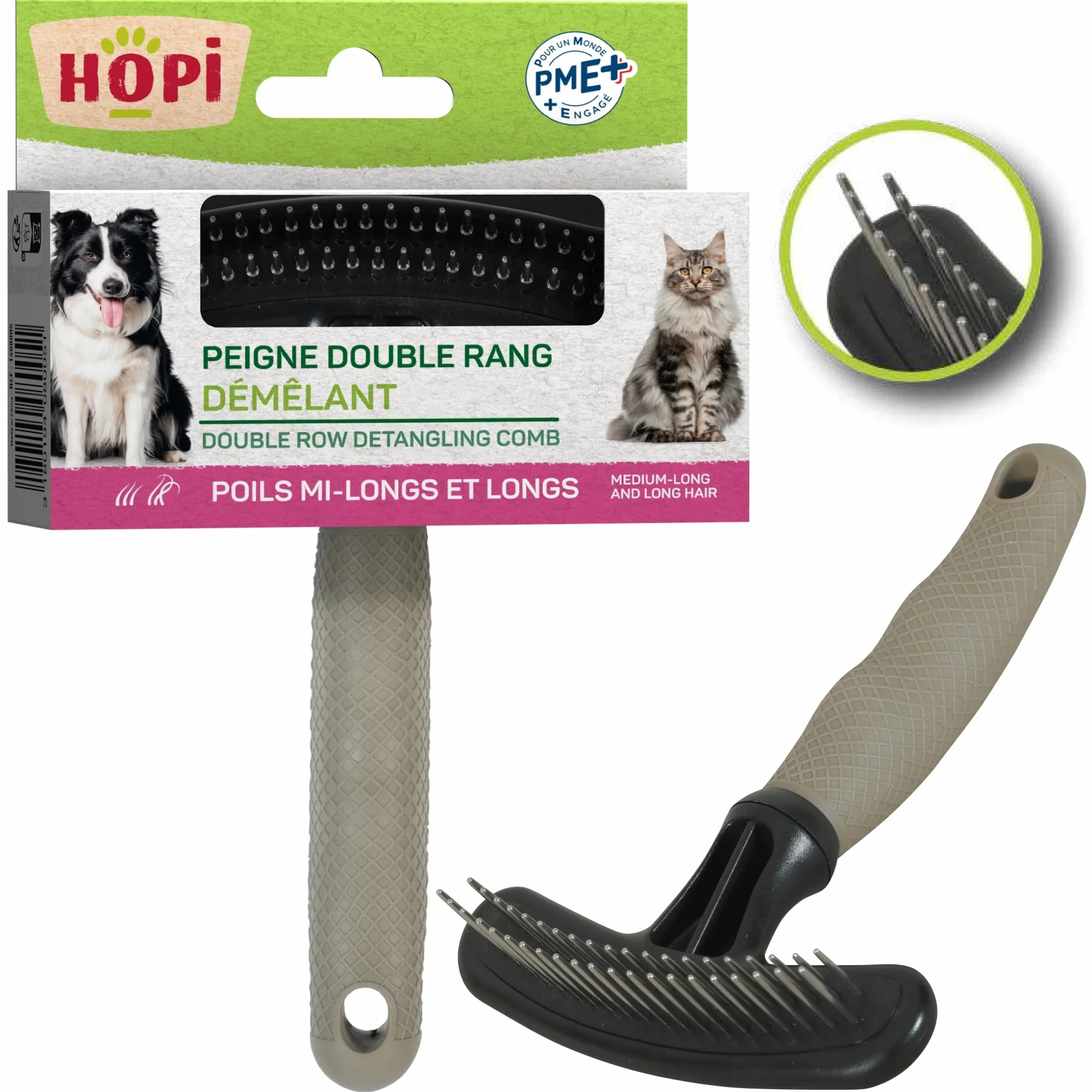 HOPI Peigne Double Rang Démêlant Chien Chat - Dents Rotatives Acier Inoxydable - Toilettage Poils Longs Mi-Longs