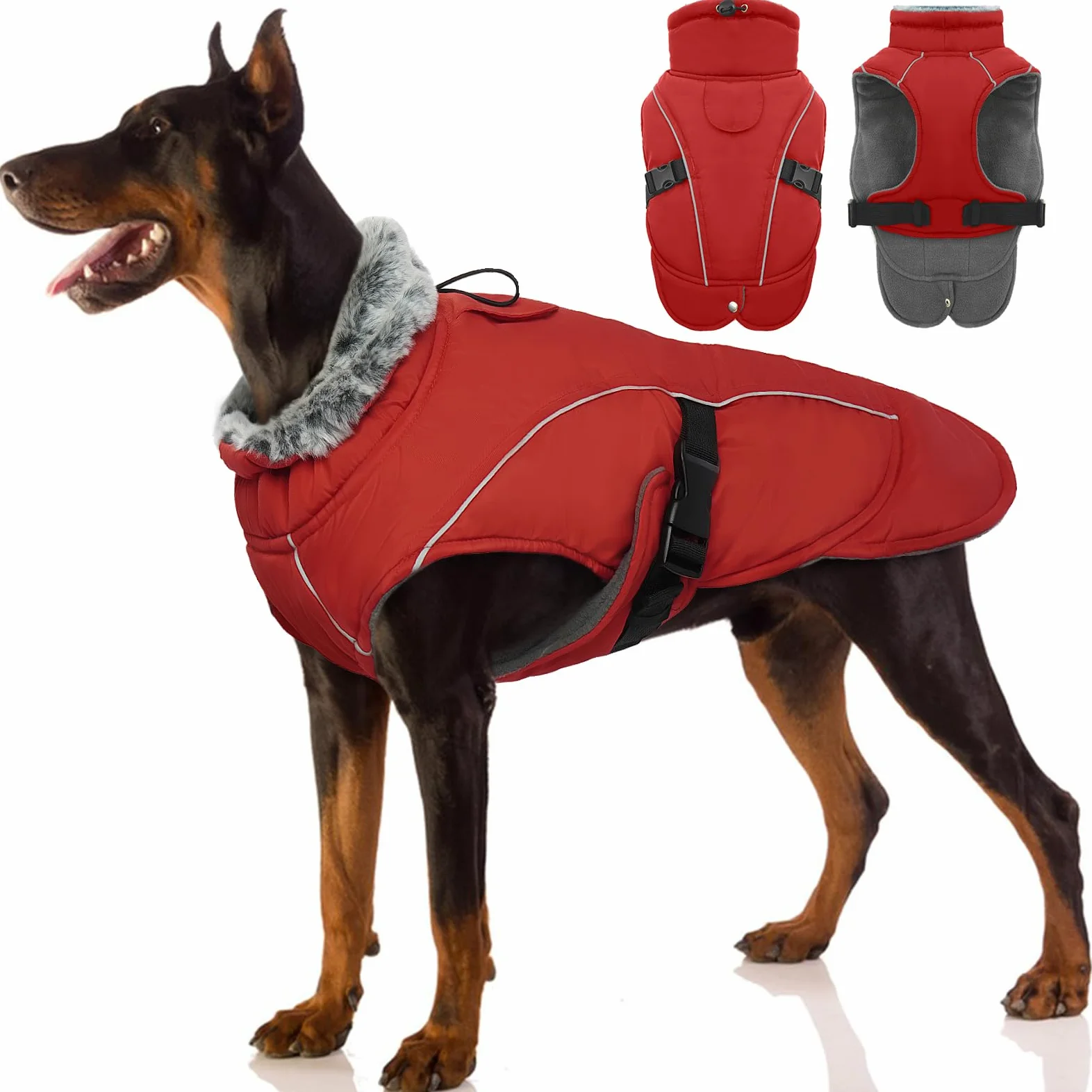 Manteau Polaire Chien, Doudoune Chien Manteau Petite Chien Réfléchissant Peluche avec Col en Fourrure Veste d'hiver Vêtement Confortable pour Petits Moyens Grands Chiens(Rouge, XL)