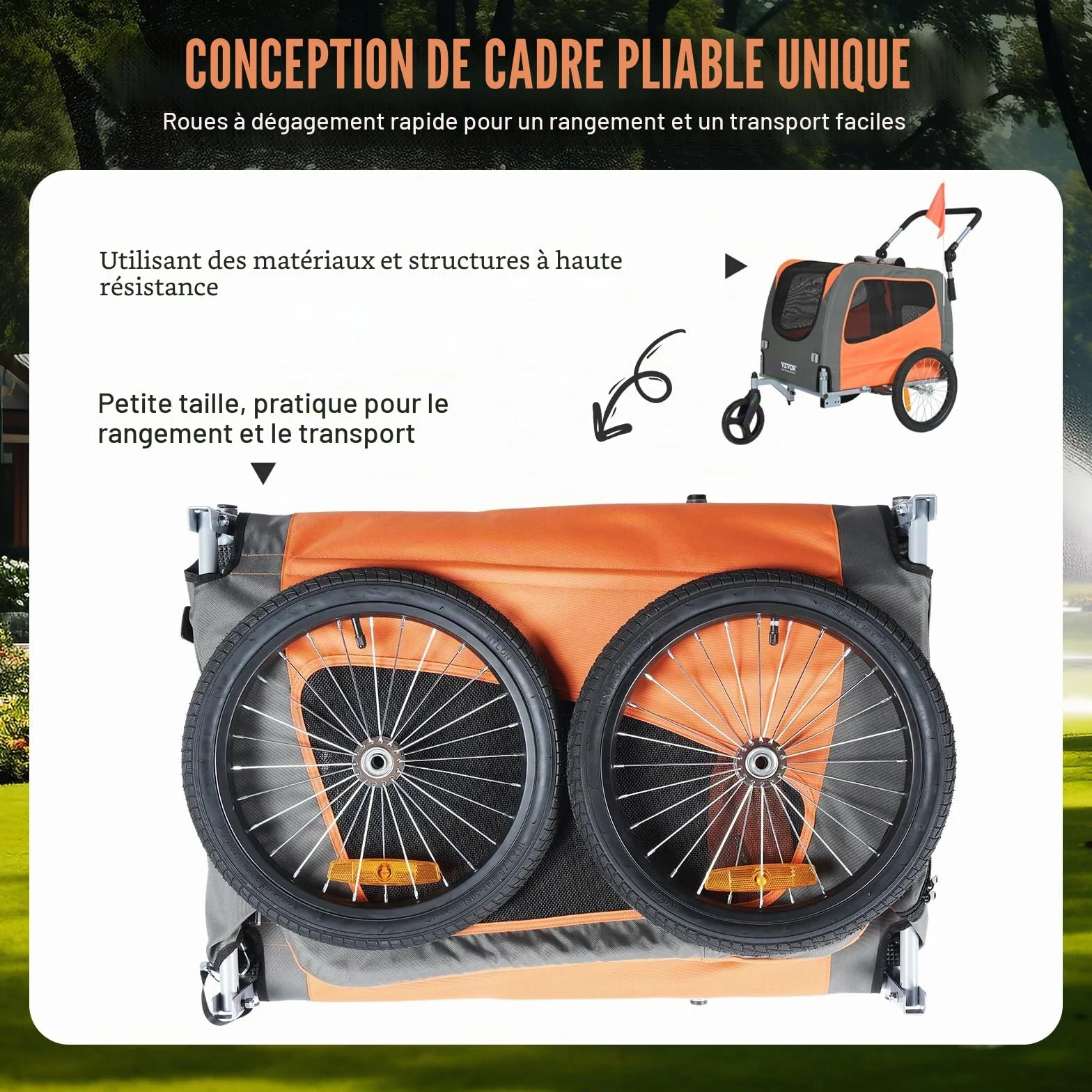 VEVOR Remorque de vélo pour chien 2 en 1 poussette pour animal domestique cadre pliable 45,4 kg roues à dégagement rapide coupleur de vélo